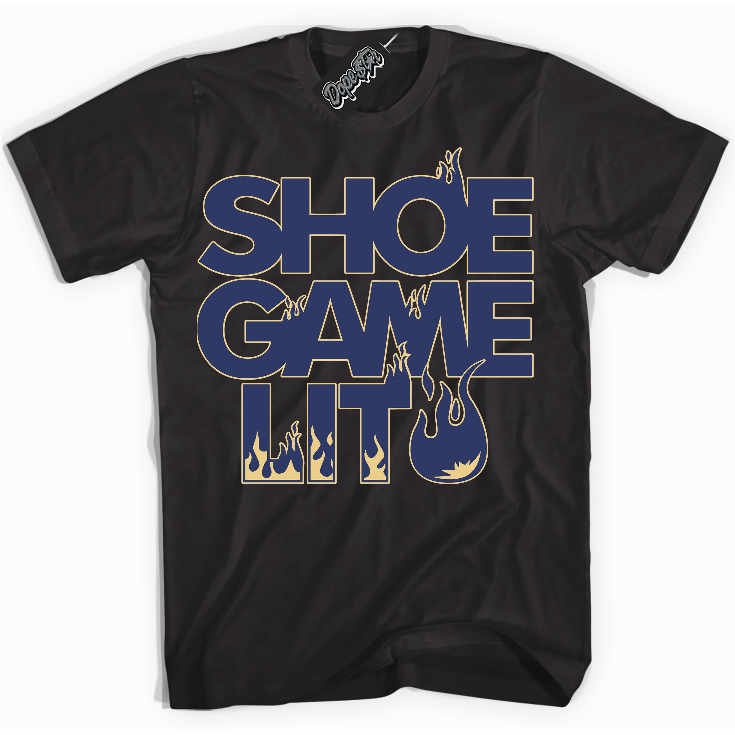 AJ1 Low Method of Make Midnight Navy Metallic Gold ‘Shoe Game Lit – Black Streetwear T-Shirt | Sneaker Matching shirt for AJ1 Low Method of Make Midnight Navy Metallic Gold | Graphic Tee for Men & Women Streetwear by Sneaker Shirts Outlet.