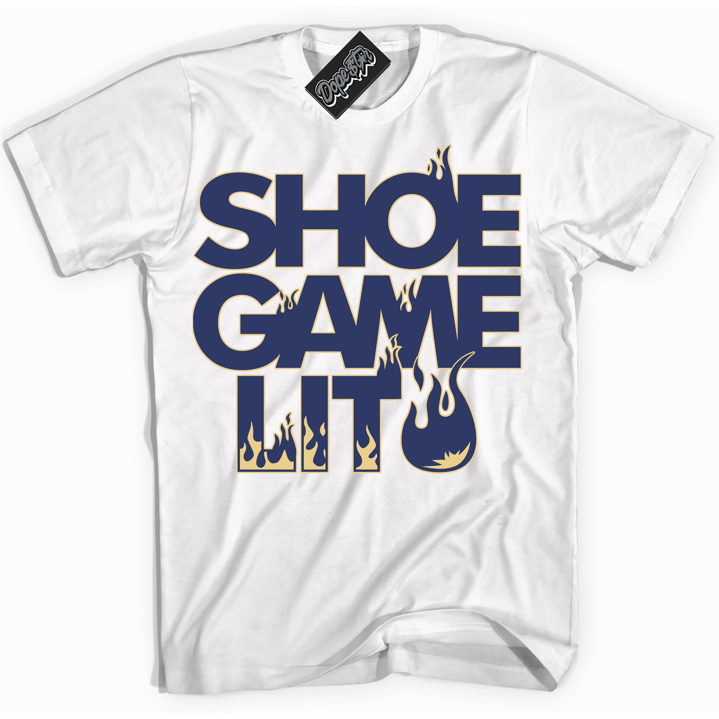 AJ1 Low Method of Make Midnight Navy Metallic Gold ‘Shoe Game Lit – White Streetwear T-Shirt | Sneaker Matching shirt for AJ1 Low Method of Make Midnight Navy Metallic Gold | Graphic Tee for Men & Women Streetwear by Sneaker Shirts Outlet.