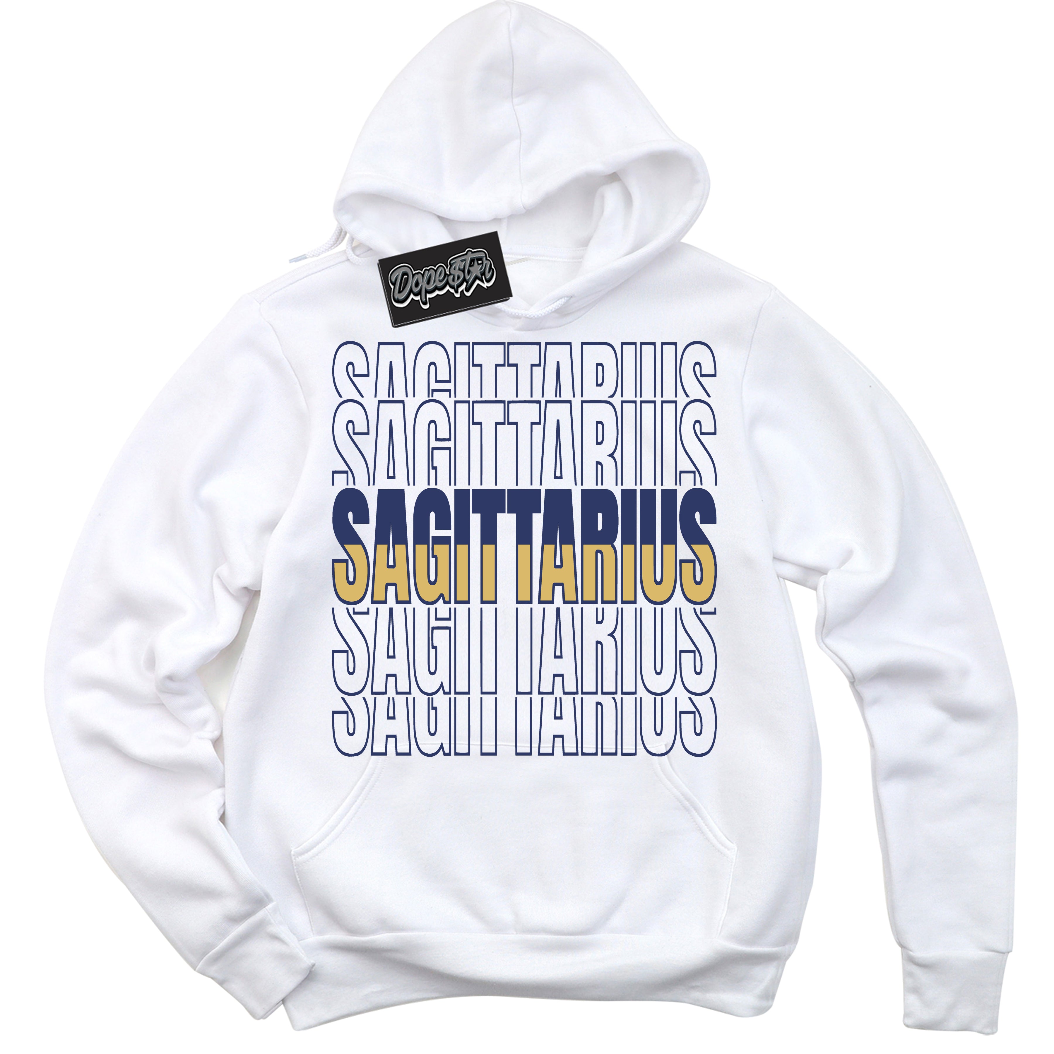 AJ1 Low Method of Make Midnight Navy Metallic Gold ‘Sagittarius – White Streetwear Hoodie | Sneaker Matching sweatshirt for AJ1 Low Method of Make Midnight Navy Metallic Gold | Graphic Hoodie for Men & Women Streetwear by Sneaker Shirts Outlet.