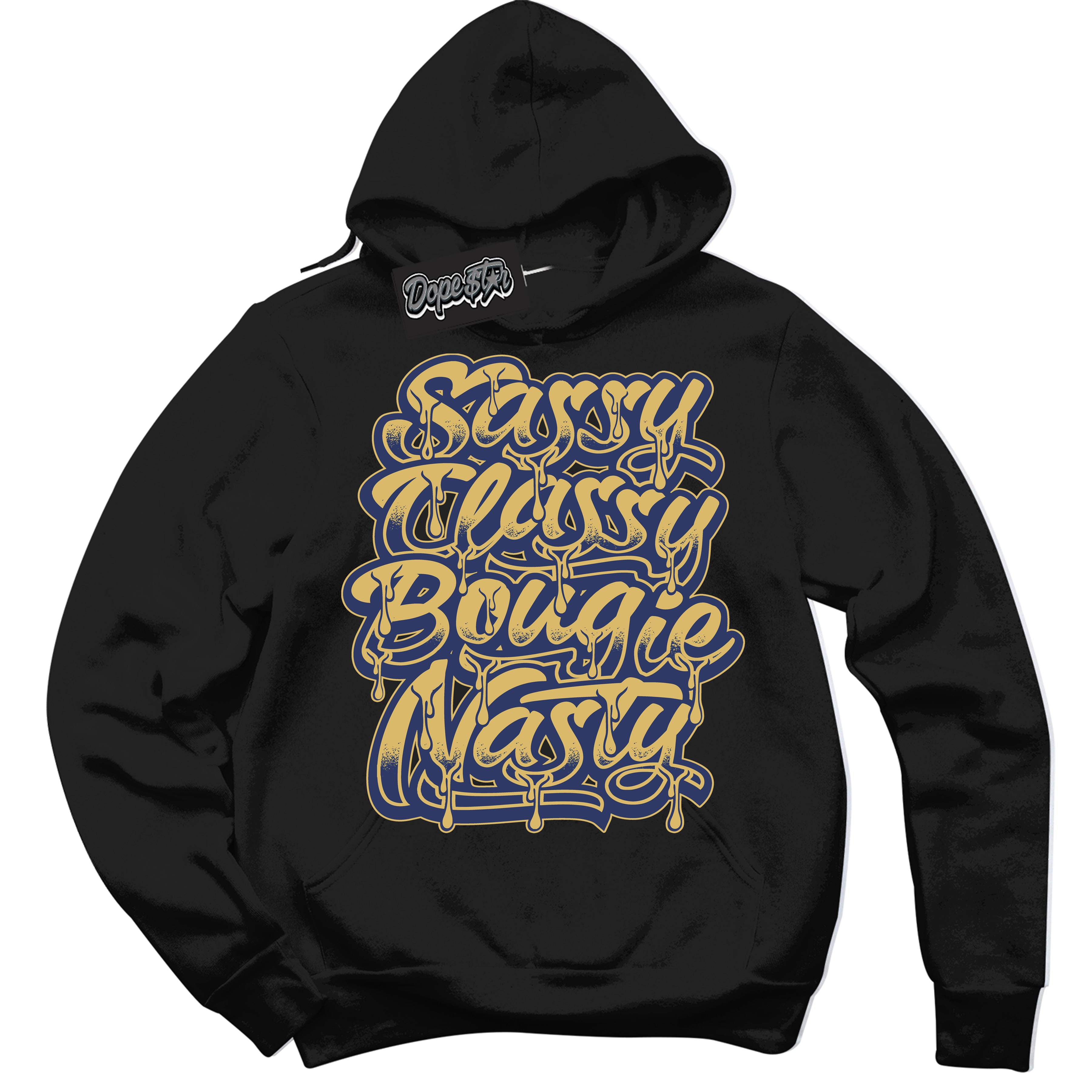 AJ1 Low Method of Make Midnight Navy Metallic Gold ‘Sassy Classy – Black Streetwear Hoodie | Sneaker Matching sweatshirt for AJ1 Low Method of Make Midnight Navy Metallic Gold | Graphic Hoodie for Men & Women Streetwear by Sneaker Shirts Outlet.