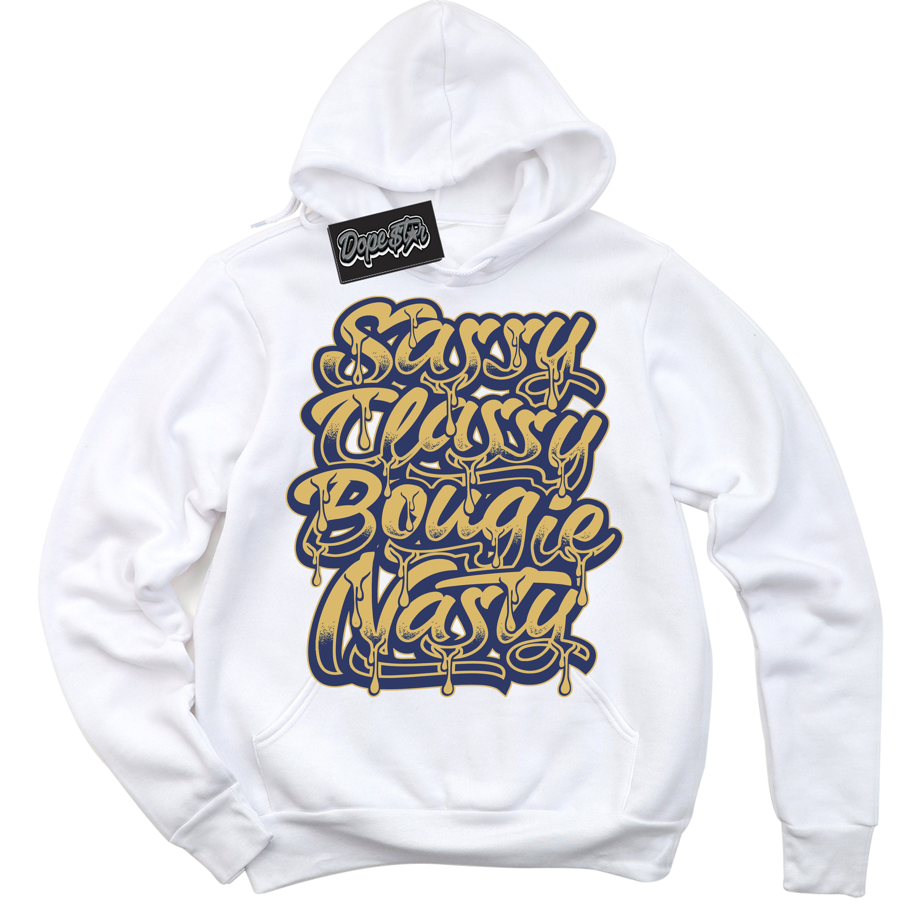 AJ1 Low Method of Make Midnight Navy Metallic Gold ‘Sassy Classy – White Streetwear Hoodie | Sneaker Matching sweatshirt for AJ1 Low Method of Make Midnight Navy Metallic Gold | Graphic Hoodie for Men & Women Streetwear by Sneaker Shirts Outlet.