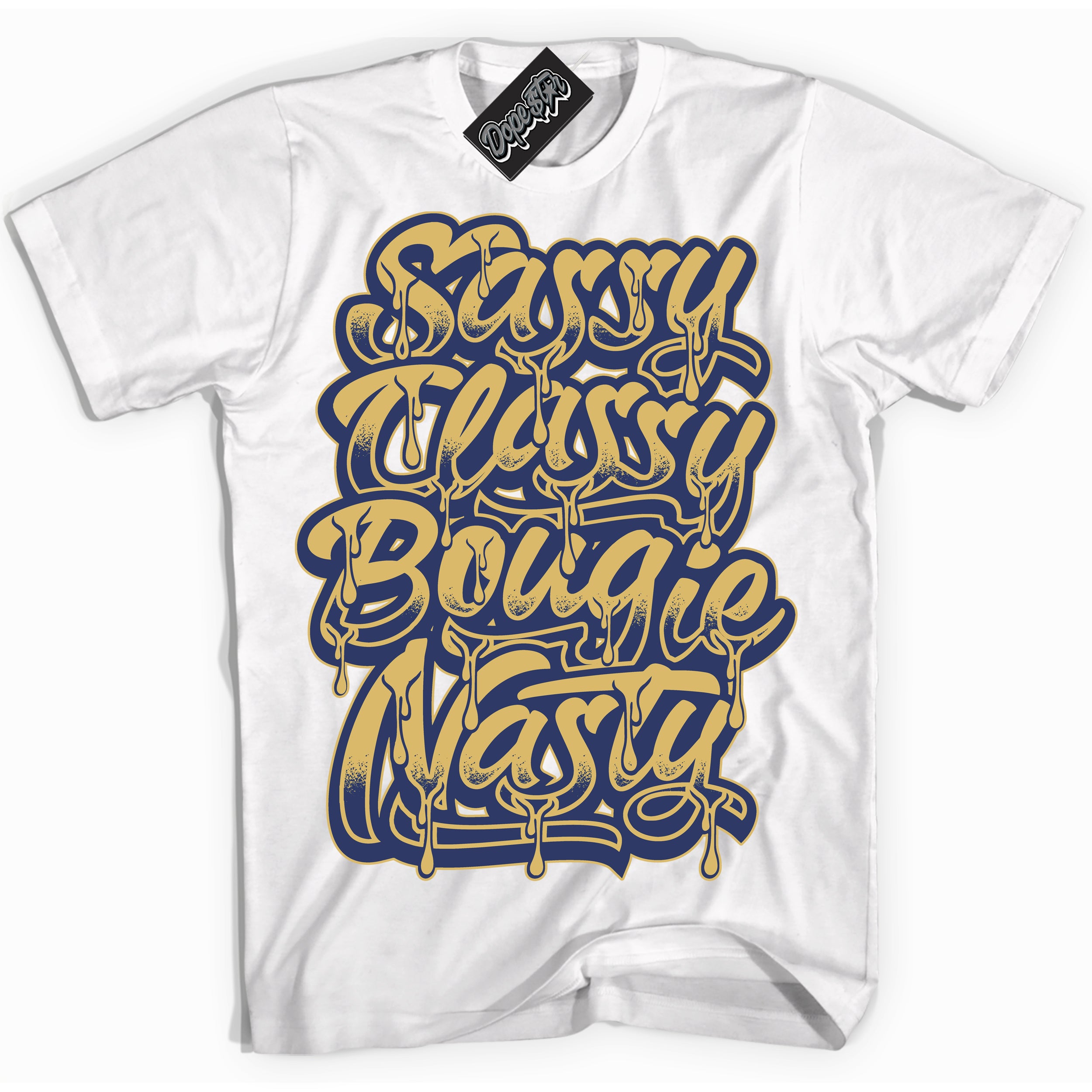 AJ1 Low Method of Make Midnight Navy Metallic Gold ‘Sassy Classy – White Streetwear T-Shirt | Sneaker Matching shirt for AJ1 Low Method of Make Midnight Navy Metallic Gold | Graphic Tee for Men & Women Streetwear by Sneaker Shirts Outlet.