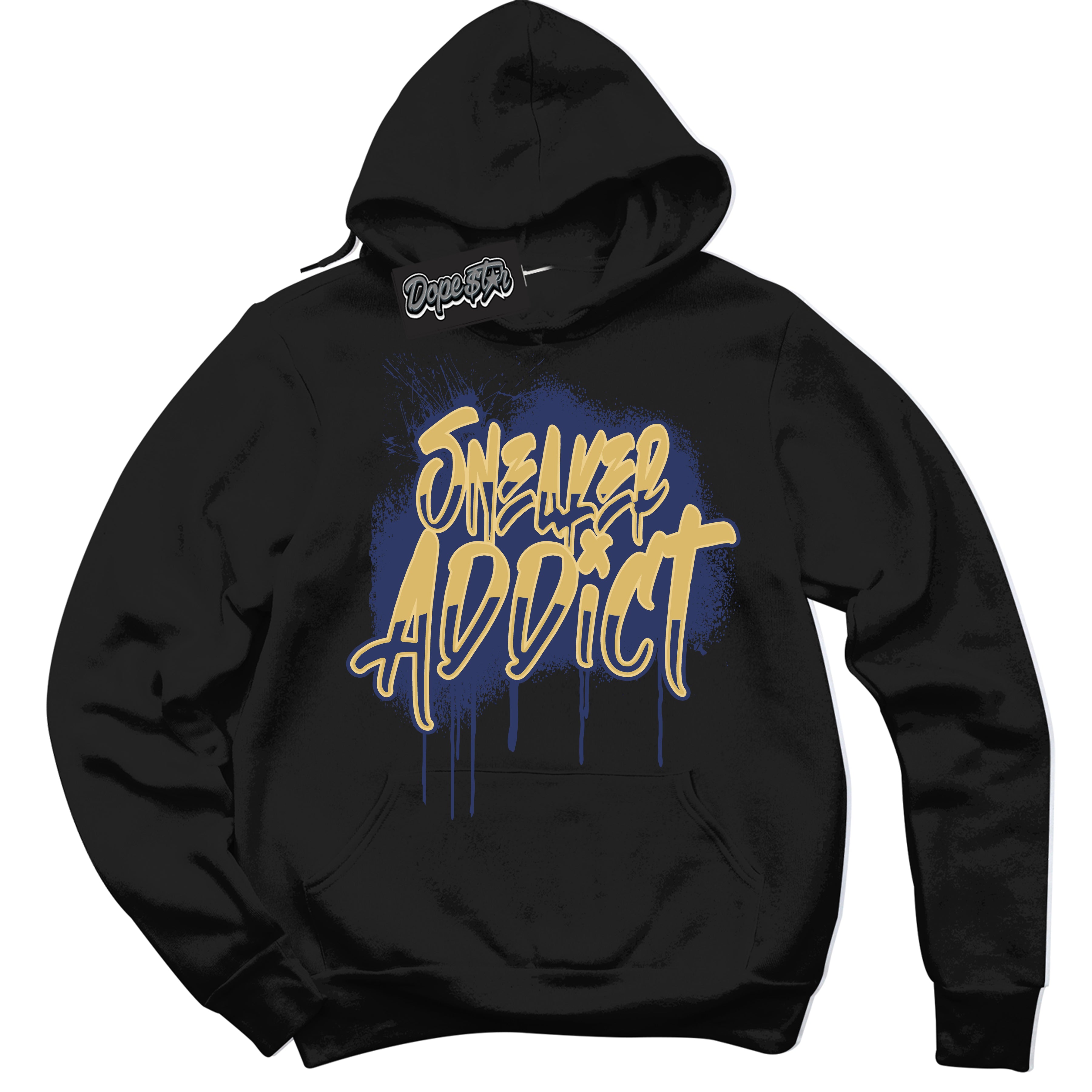 AJ1 Low Method of Make Midnight Navy Metallic Gold ‘Sneaker Addict – Black Streetwear Hoodie | Sneaker Matching sweatshirt for AJ1 Low Method of Make Midnight Navy Metallic Gold | Graphic Hoodie for Men & Women Streetwear by Sneaker Shirts Outlet.