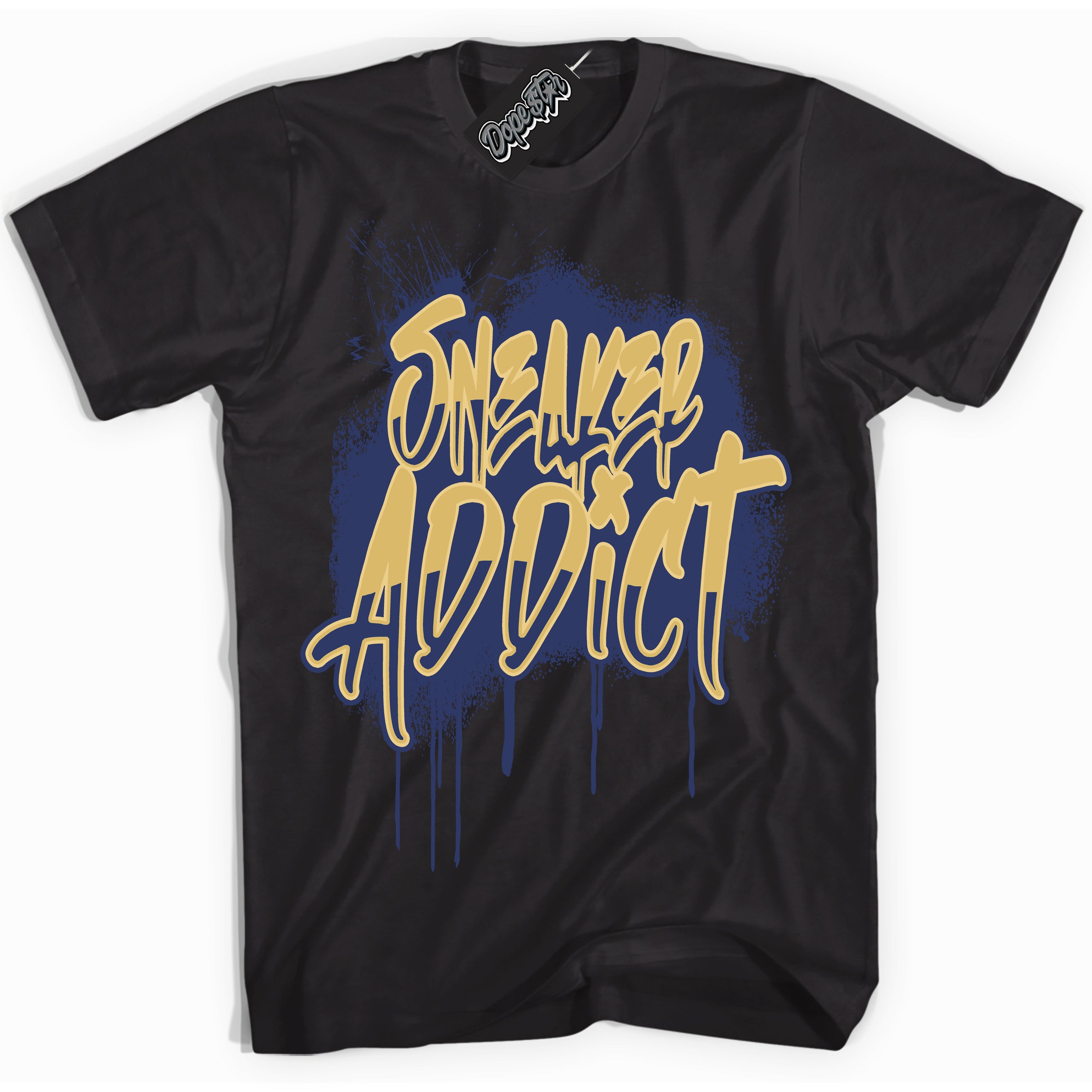 AJ1 Low Method of Make Midnight Navy Metallic Gold ‘Sneaker Addict – Black Streetwear T-Shirt | Sneaker Matching shirt for AJ1 Low Method of Make Midnight Navy Metallic Gold | Graphic Tee for Men & Women Streetwear by Sneaker Shirts Outlet.