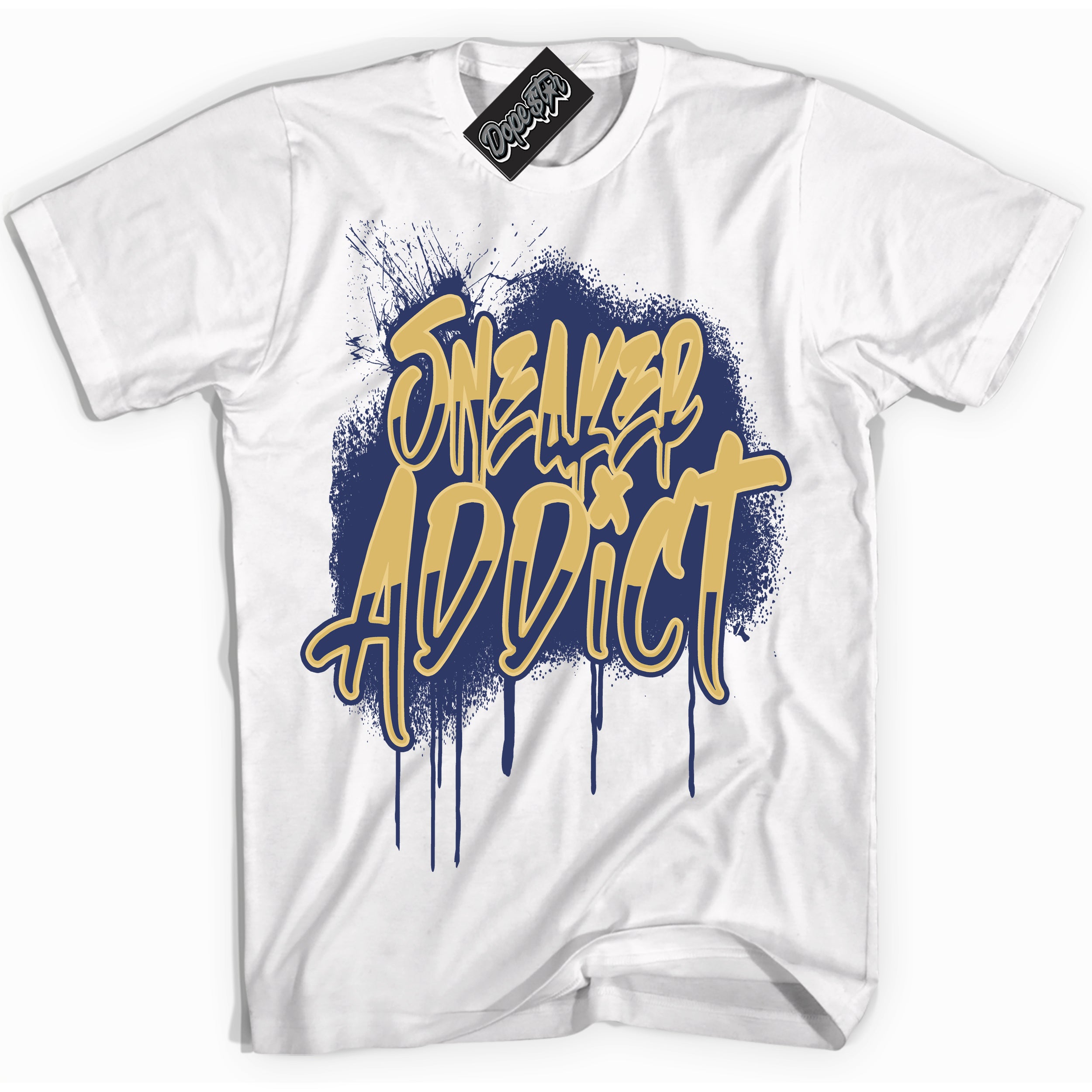 AJ1 Low Method of Make Midnight Navy Metallic Gold ‘Sneaker Addict – White Streetwear T-Shirt | Sneaker Matching shirt for AJ1 Low Method of Make Midnight Navy Metallic Gold | Graphic Tee for Men & Women Streetwear by Sneaker Shirts Outlet.