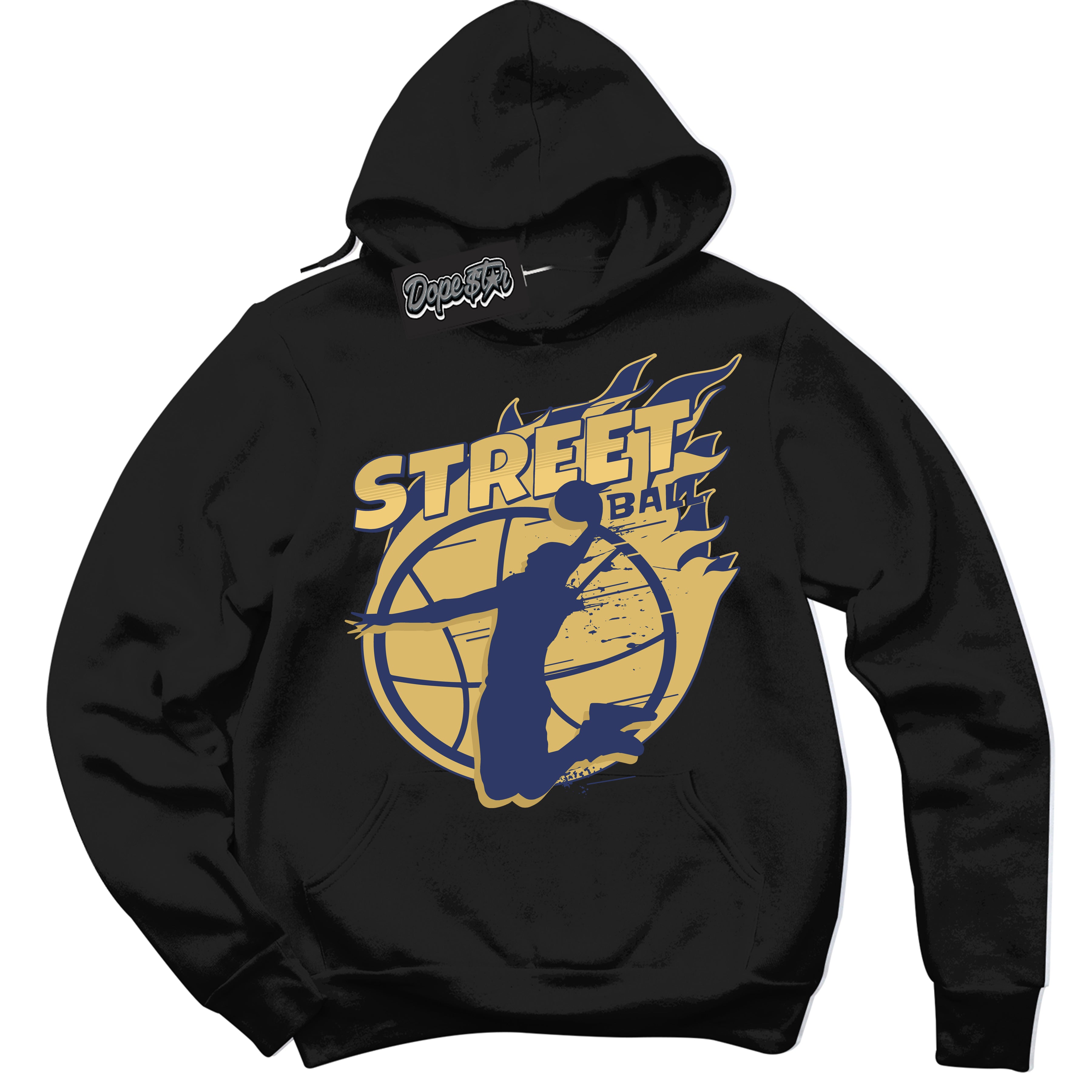 AJ1 Low Method of Make Midnight Navy Metallic Gold ‘Street Ball – Black Streetwear Hoodie | Sneaker Matching sweatshirt for AJ1 Low Method of Make Midnight Navy Metallic Gold | Graphic Hoodie for Men & Women Streetwear by Sneaker Shirts Outlet.