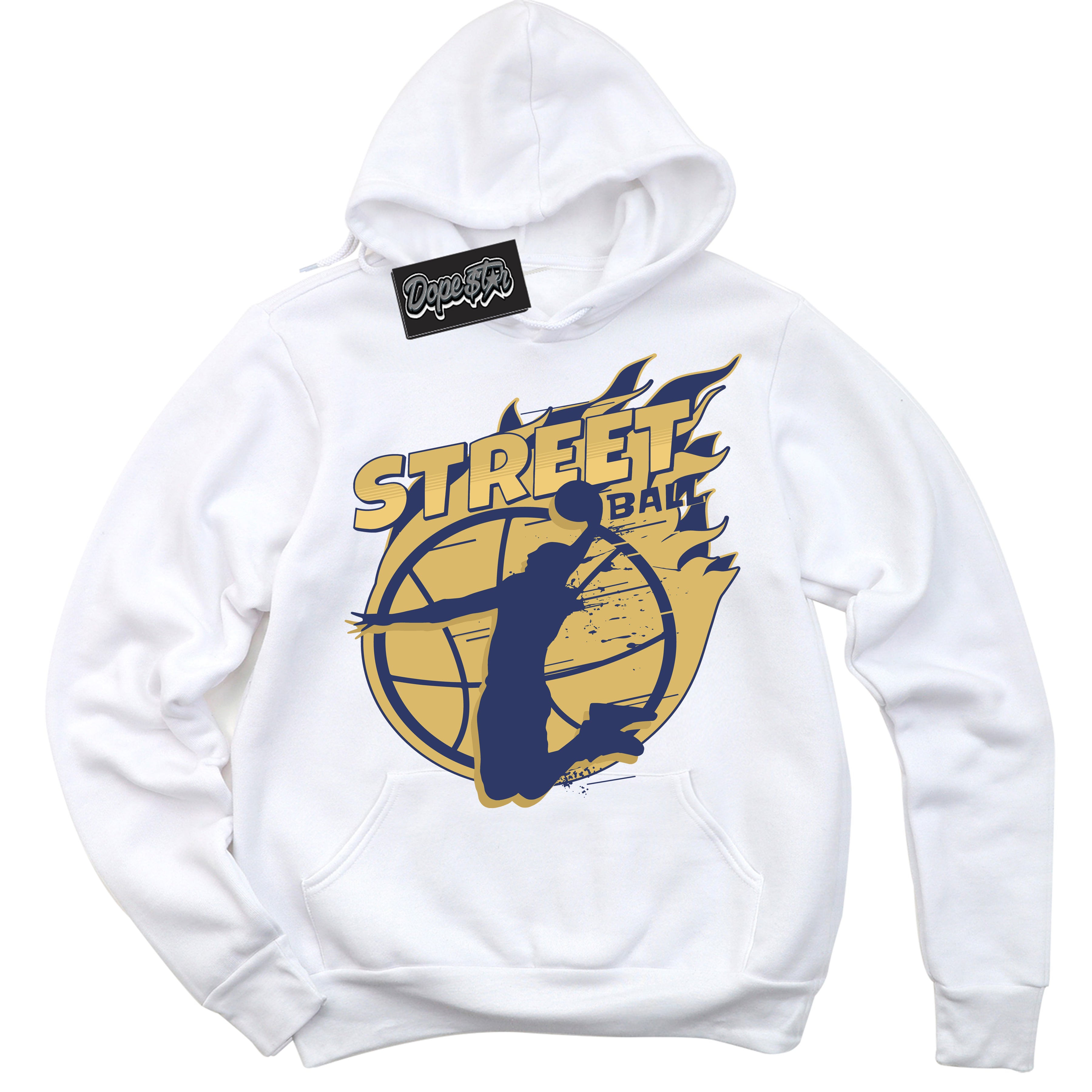 AJ1 Low Method of Make Midnight Navy Metallic Gold ‘Street Ball – White Streetwear Hoodie | Sneaker Matching sweatshirt for AJ1 Low Method of Make Midnight Navy Metallic Gold | Graphic Hoodie for Men & Women Streetwear by Sneaker Shirts Outlet.