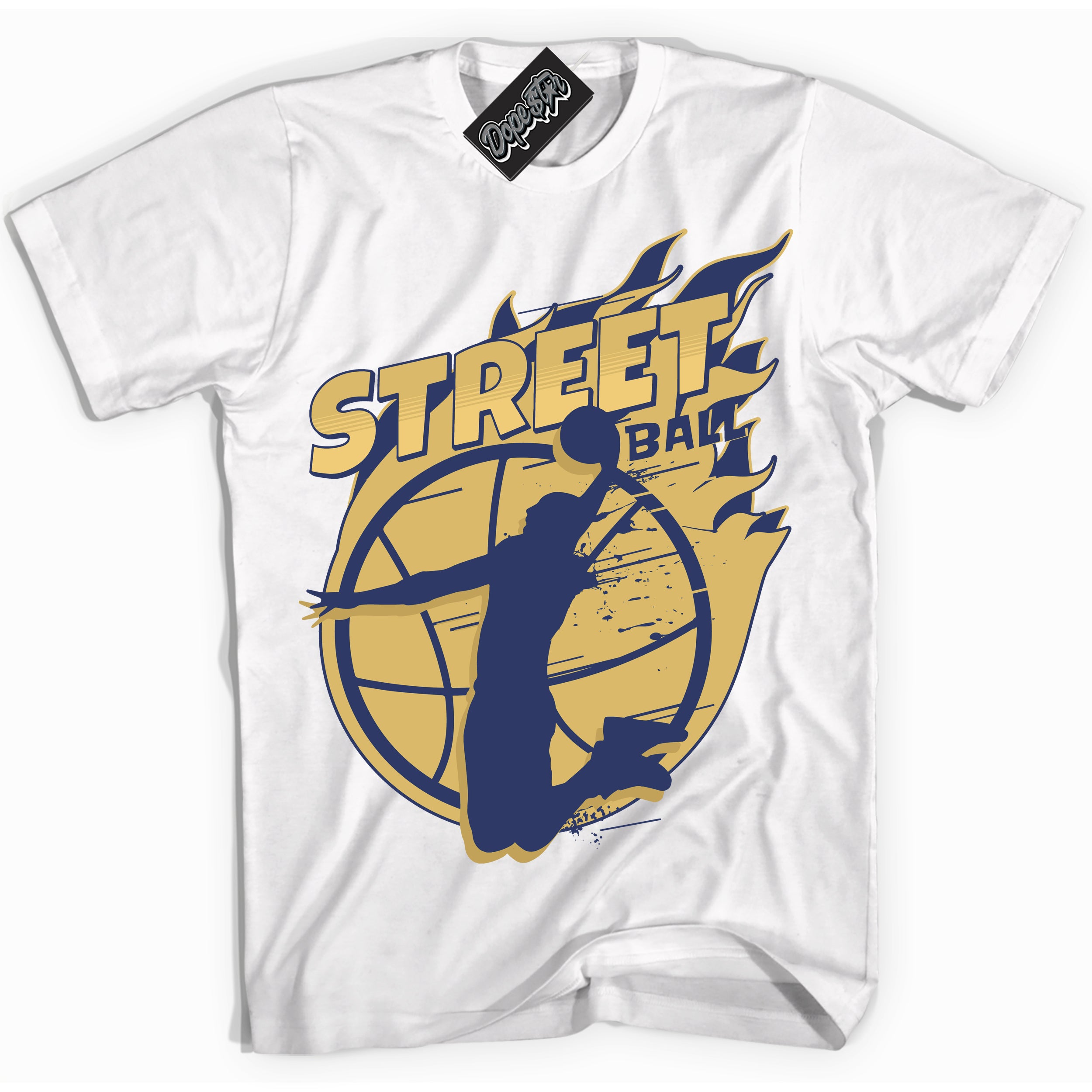 AJ1 Low Method of Make Midnight Navy Metallic Gold ‘Street Ball – White Streetwear T-Shirt | Sneaker Matching shirt for AJ1 Low Method of Make Midnight Navy Metallic Gold | Graphic Tee for Men & Women Streetwear by Sneaker Shirts Outlet.