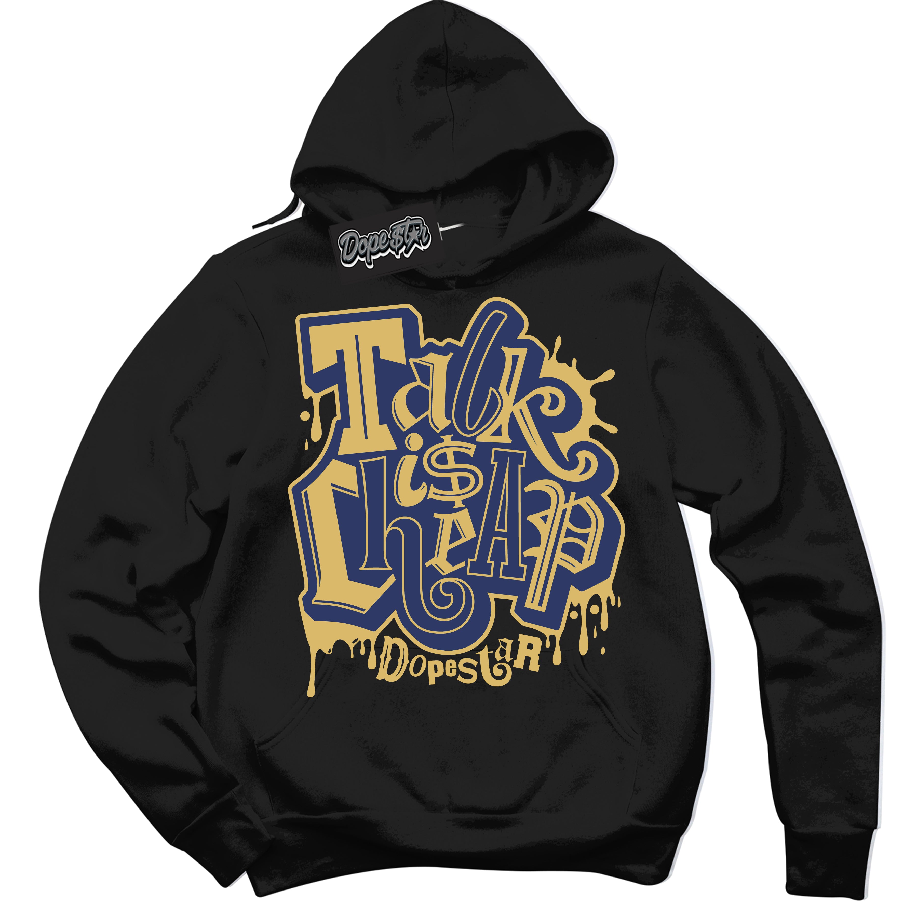 AJ1 Low Method of Make Midnight Navy Metallic Gold ‘Talk Is Cheap – Black Streetwear Hoodie | Sneaker Matching sweatshirt for AJ1 Low Method of Make Midnight Navy Metallic Gold | Graphic Hoodie for Men & Women Streetwear by Sneaker Shirts Outlet.