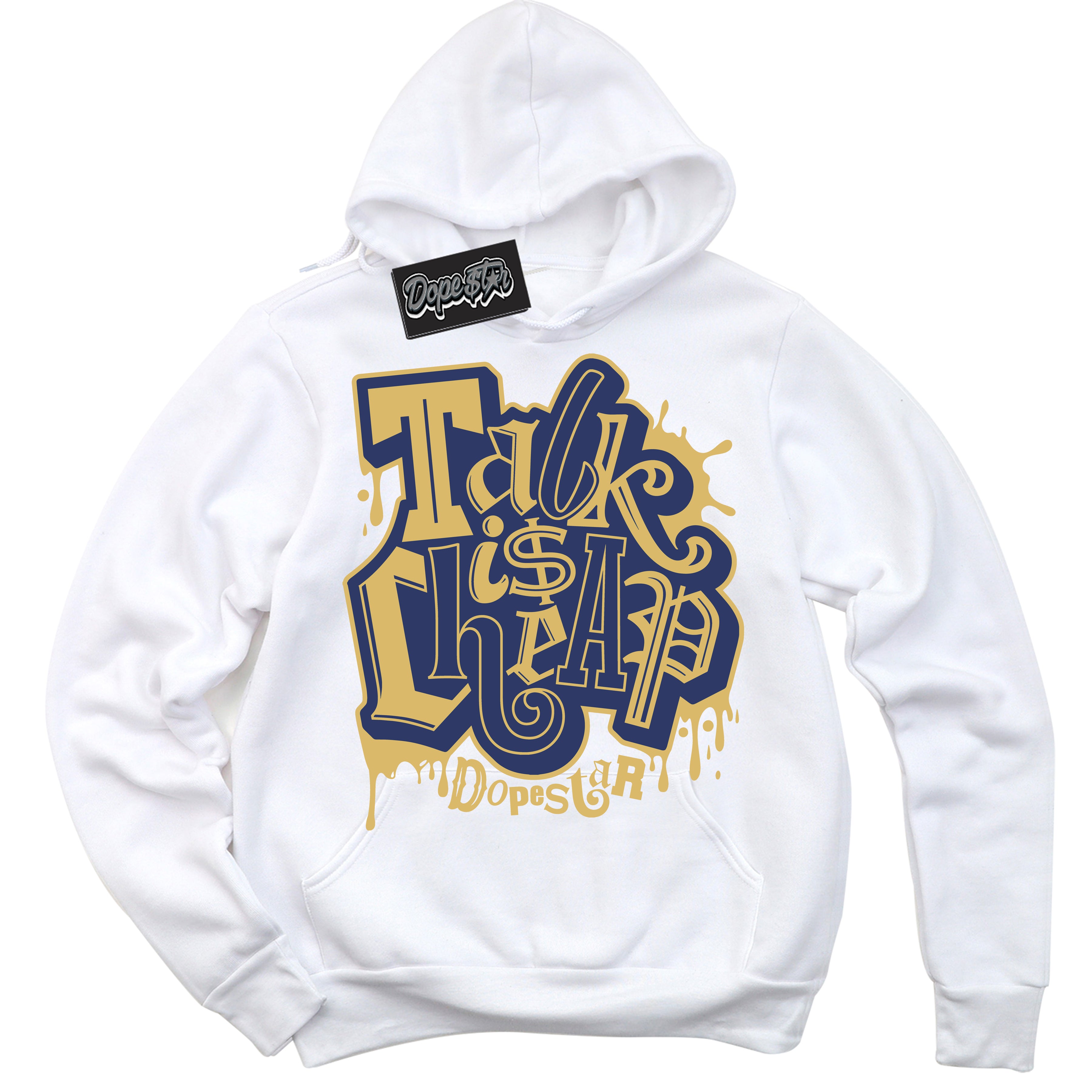 AJ1 Low Method of Make Midnight Navy Metallic Gold ‘Talk Is Cheap – White Streetwear Hoodie | Sneaker Matching sweatshirt for AJ1 Low Method of Make Midnight Navy Metallic Gold | Graphic Hoodie for Men & Women Streetwear by Sneaker Shirts Outlet.