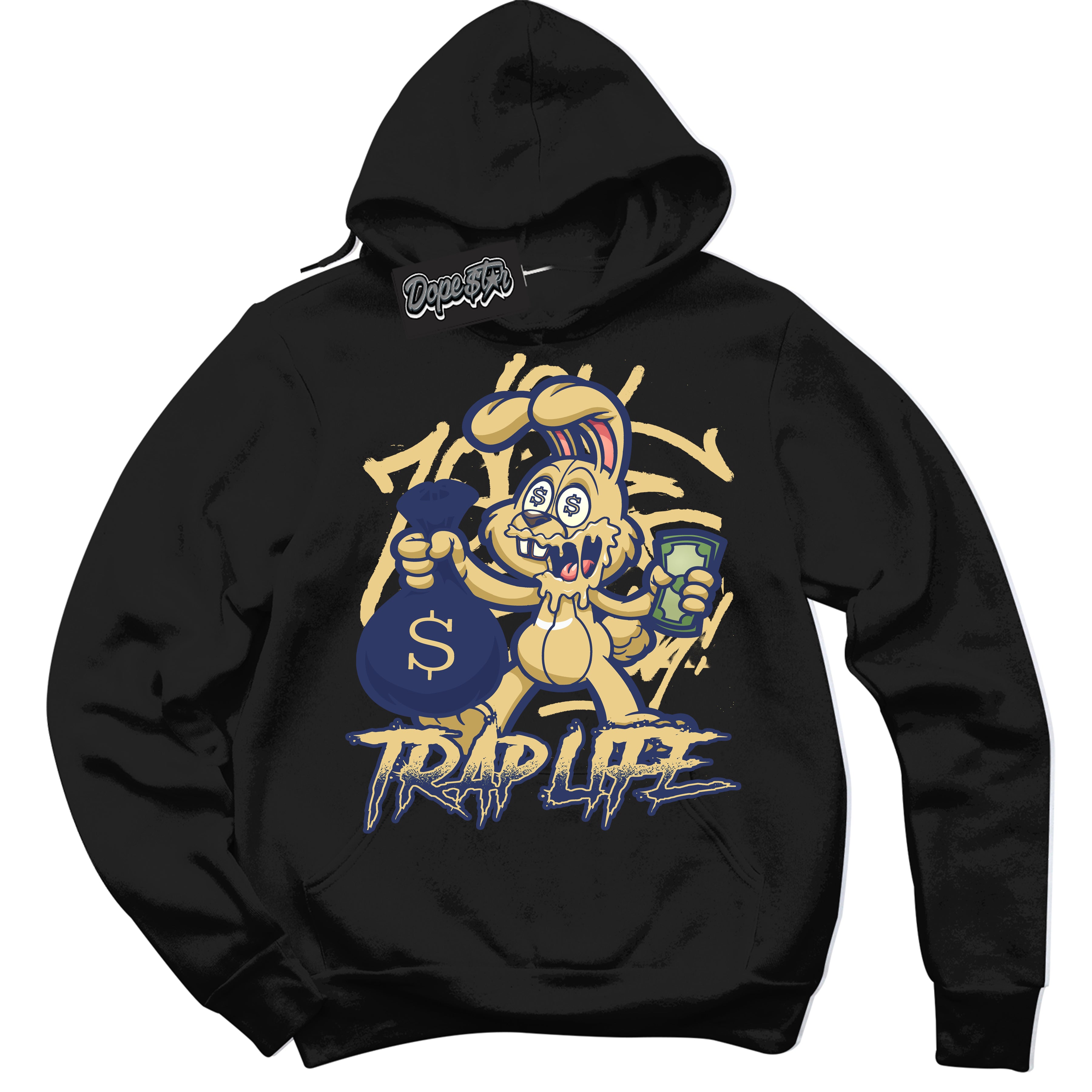 AJ1 Low Method of Make Midnight Navy Metallic Gold ‘Trap Rabbit – Black Streetwear Hoodie | Sneaker Matching sweatshirt for AJ1 Low Method of Make Midnight Navy Metallic Gold | Graphic Hoodie for Men & Women Streetwear by Sneaker Shirts Outlet.