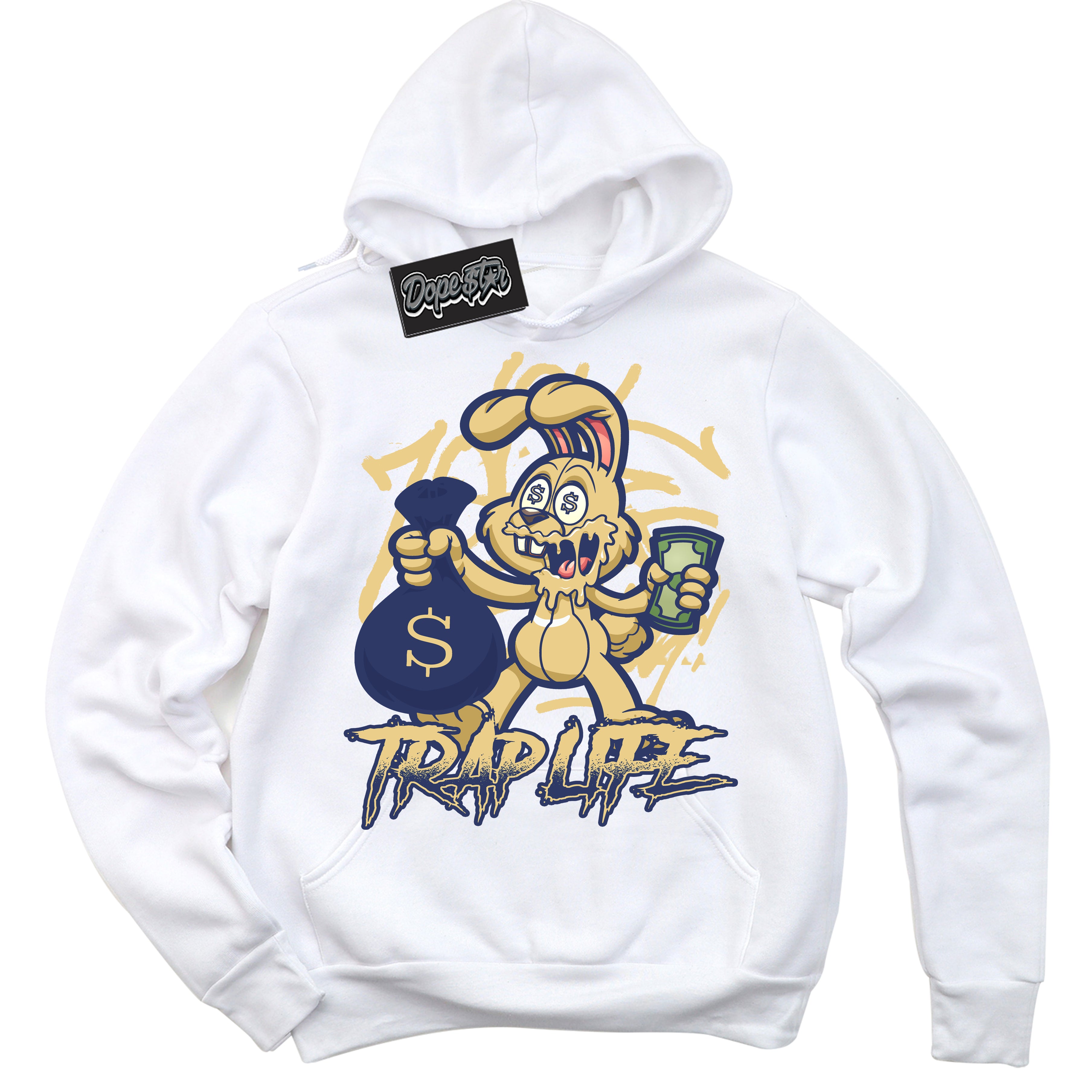 AJ1 Low Method of Make Midnight Navy Metallic Gold ‘Trap Rabbit – White Streetwear Hoodie | Sneaker Matching sweatshirt for AJ1 Low Method of Make Midnight Navy Metallic Gold | Graphic Hoodie for Men & Women Streetwear by Sneaker Shirts Outlet.