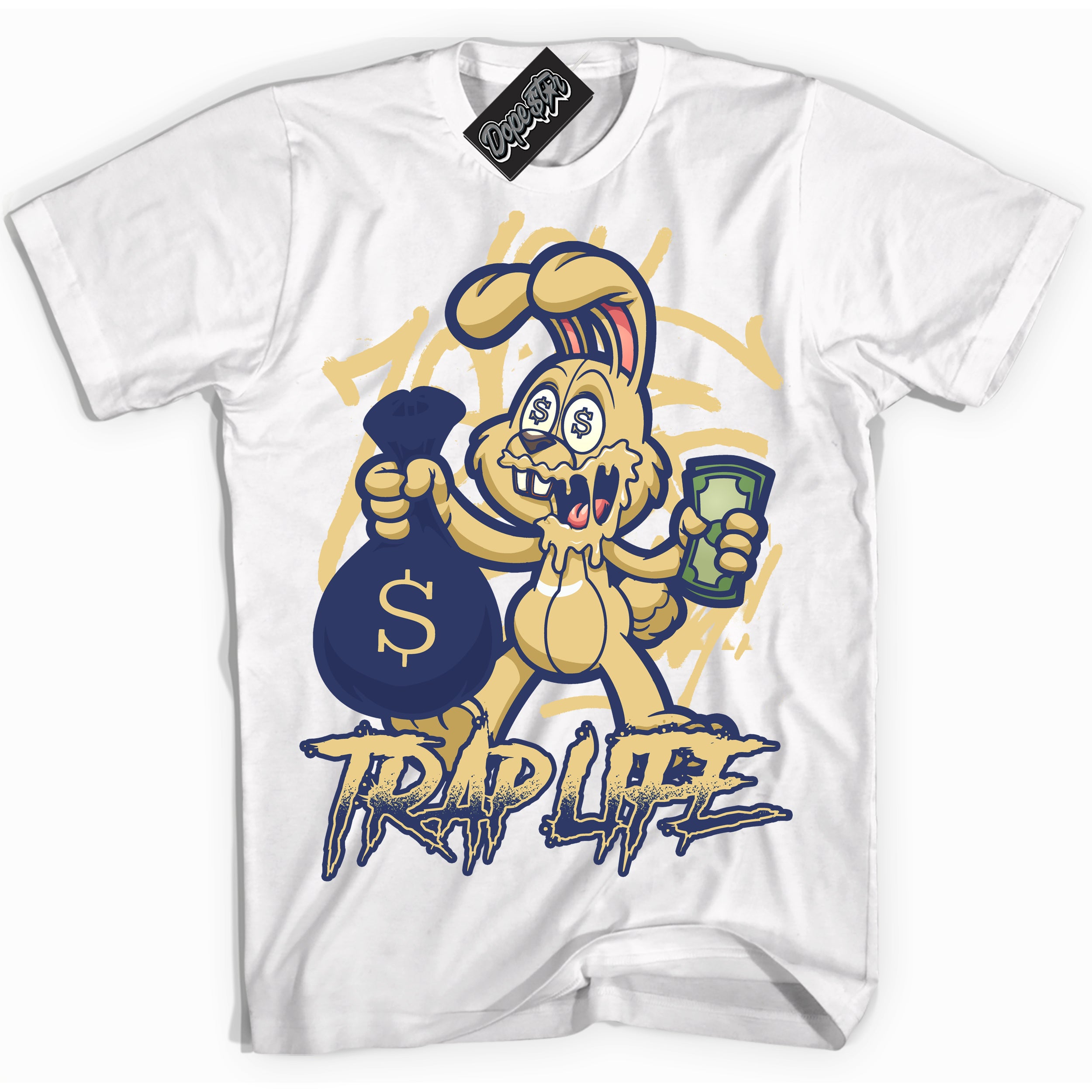 AJ1 Low Method of Make Midnight Navy Metallic Gold ‘Trap Rabbit – White Streetwear T-Shirt | Sneaker Matching shirt for AJ1 Low Method of Make Midnight Navy Metallic Gold | Graphic Tee for Men & Women Streetwear by Sneaker Shirts Outlet.