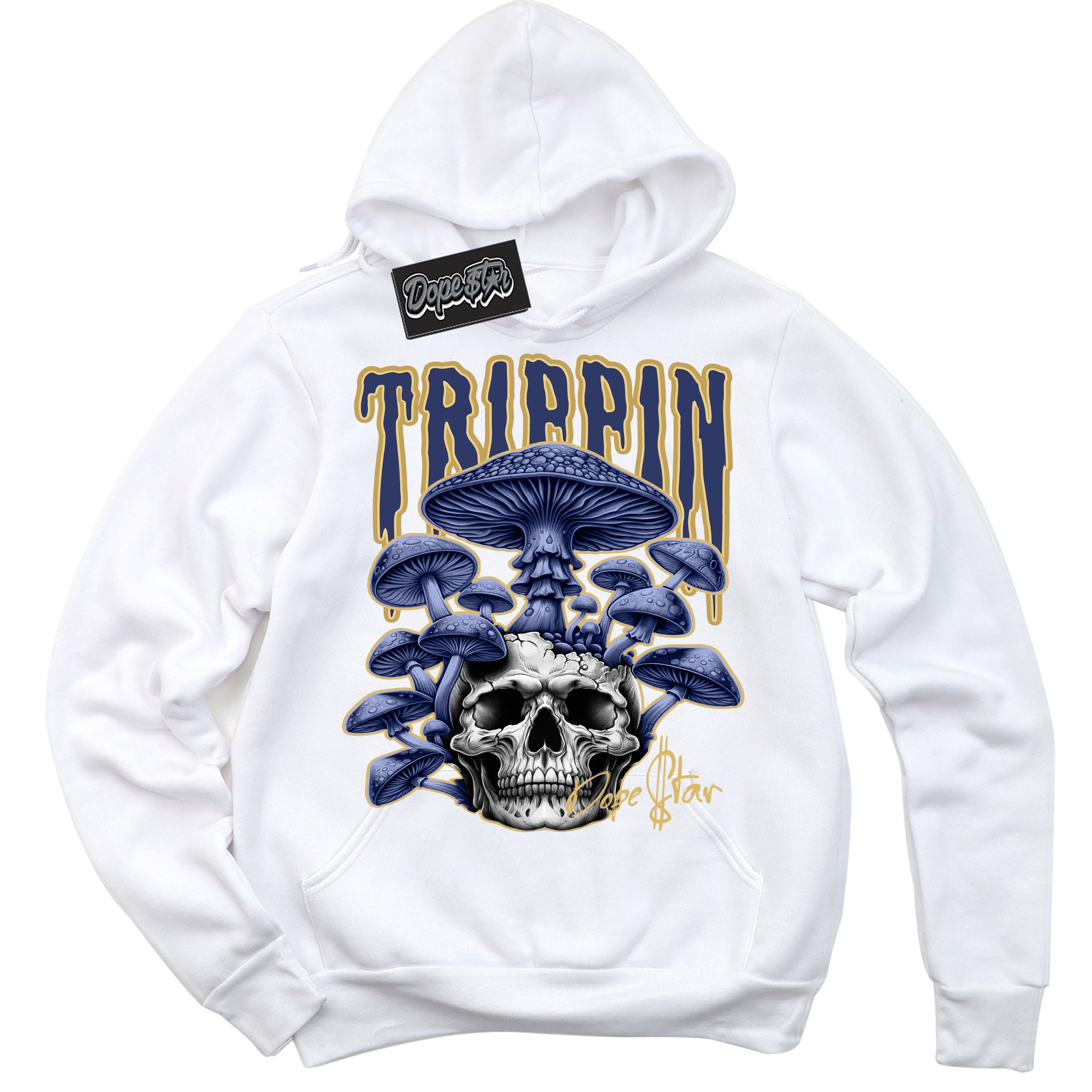 AJ1 Low Method of Make Midnight Navy Metallic Gold ‘Trippin – White Streetwear Hoodie | Sneaker Matching sweatshirt for AJ1 Low Method of Make Midnight Navy Metallic Gold | Graphic Hoodie for Men & Women Streetwear by Sneaker Shirts Outlet.