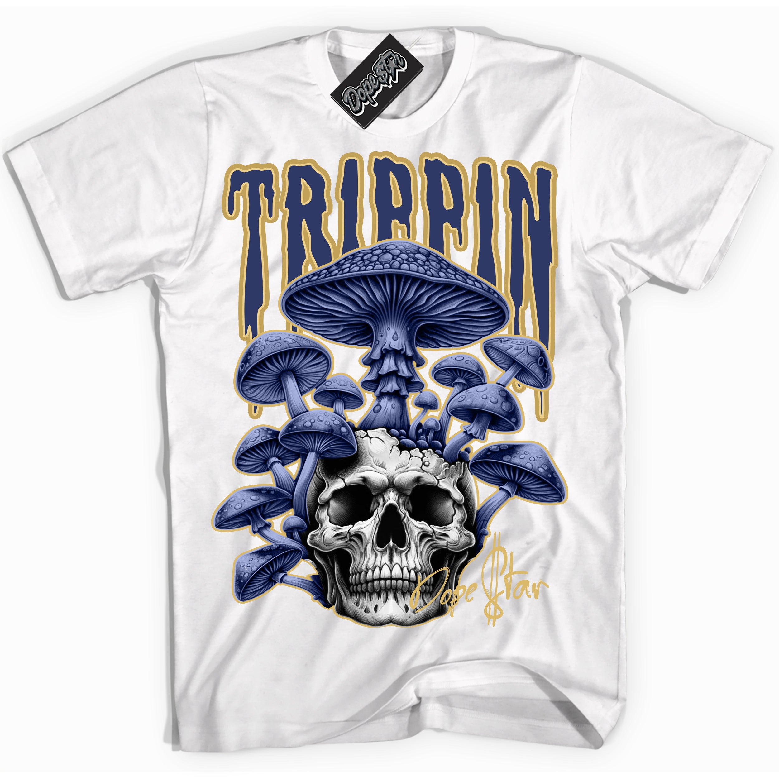 AJ1 Low Method of Make Midnight Navy Metallic Gold ‘Trippin – White Streetwear T-Shirt | Sneaker Matching shirt for AJ1 Low Method of Make Midnight Navy Metallic Gold | Graphic Tee for Men & Women Streetwear by Sneaker Shirts Outlet.