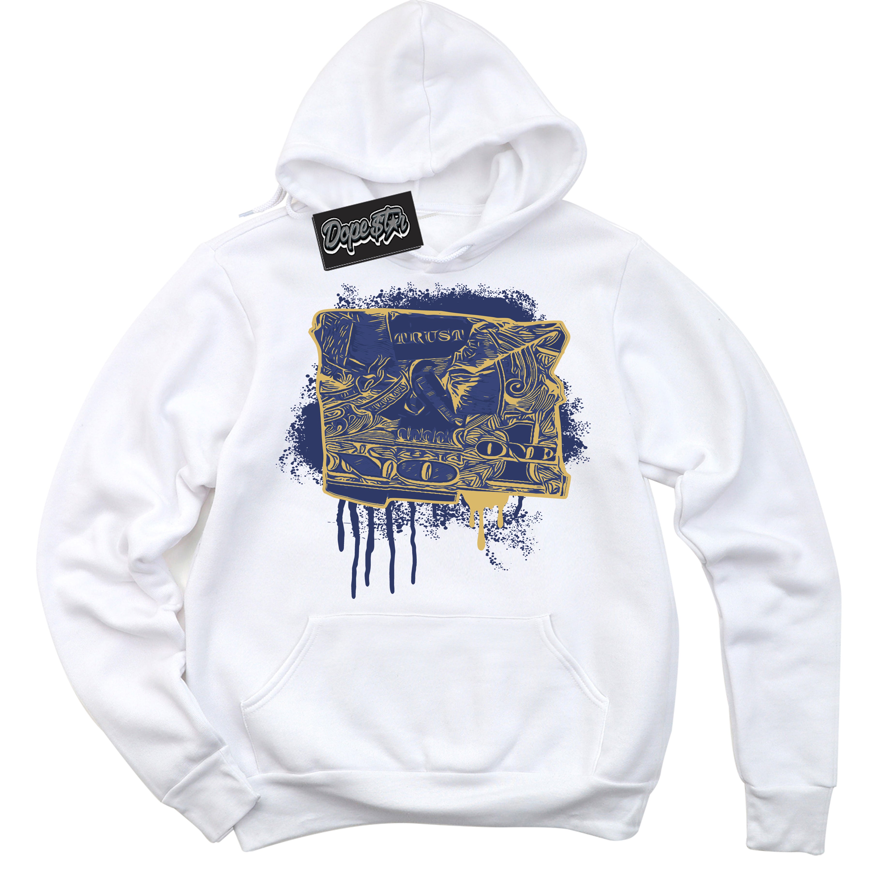 AJ1 Low Method of Make Midnight Navy Metallic Gold ‘Trust No One Dollar – White Streetwear Hoodie | Sneaker Matching sweatshirt for AJ1 Low Method of Make Midnight Navy Metallic Gold | Graphic Hoodie for Men & Women Streetwear by Sneaker Shirts Outlet.