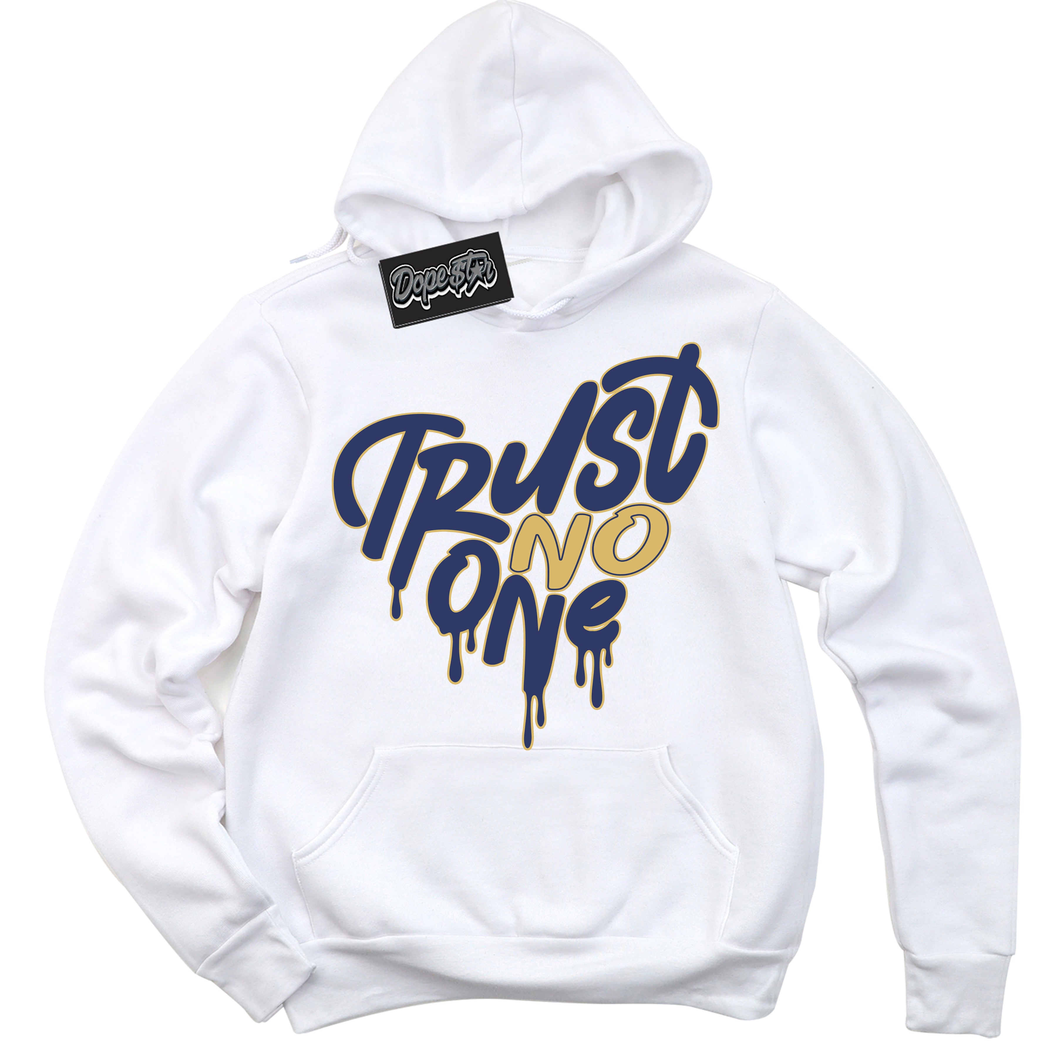 AJ1 Low Method of Make Midnight Navy Metallic Gold ‘Trust No One Heart – White Streetwear Hoodie | Sneaker Matching sweatshirt for AJ1 Low Method of Make Midnight Navy Metallic Gold | Graphic Hoodie for Men & Women Streetwear by Sneaker Shirts Outlet.