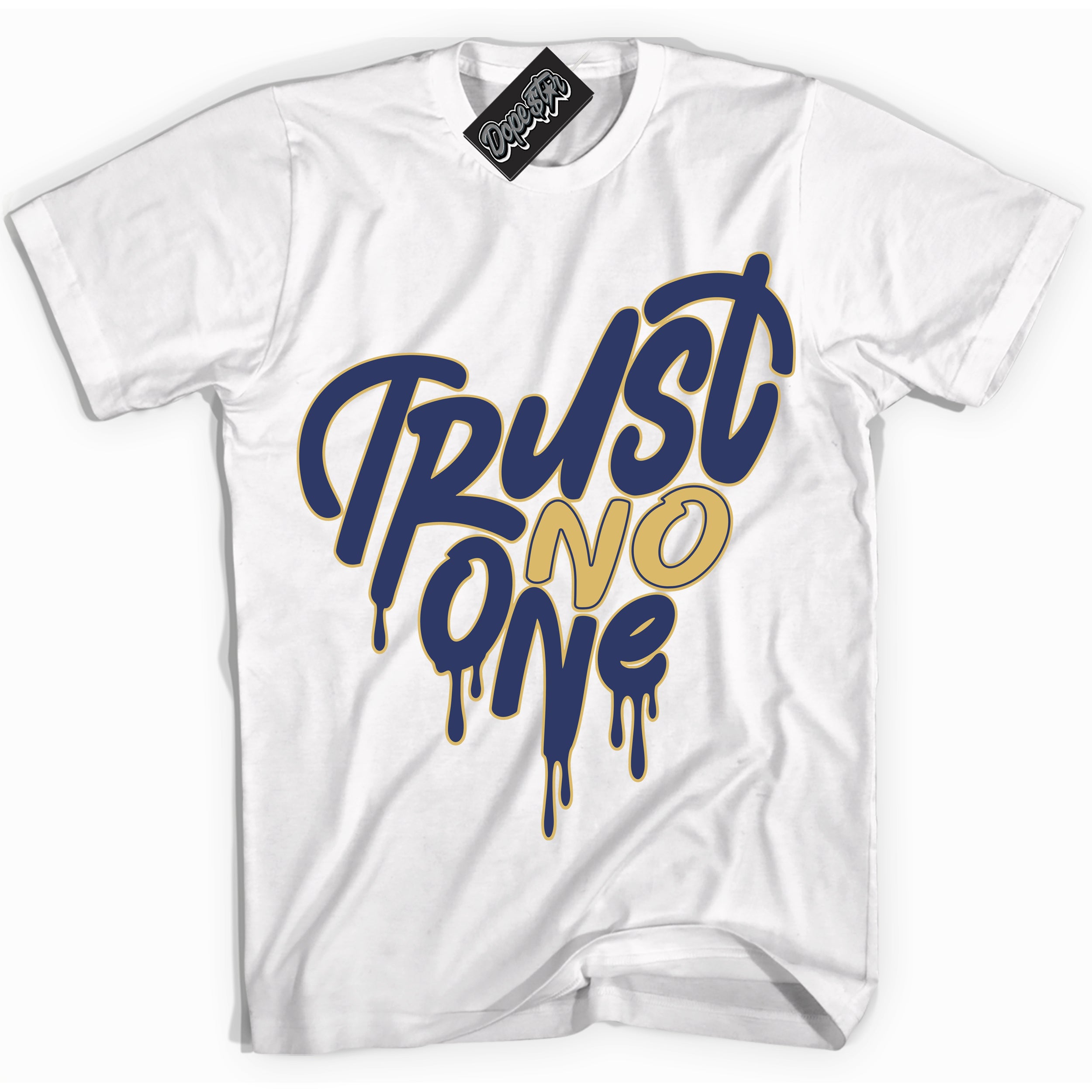 AJ1 Low Method of Make Midnight Navy Metallic Gold ‘Trust No One Heart – White Streetwear T-Shirt | Sneaker Matching shirt for AJ1 Low Method of Make Midnight Navy Metallic Gold | Graphic Tee for Men & Women Streetwear by Sneaker Shirts Outlet.