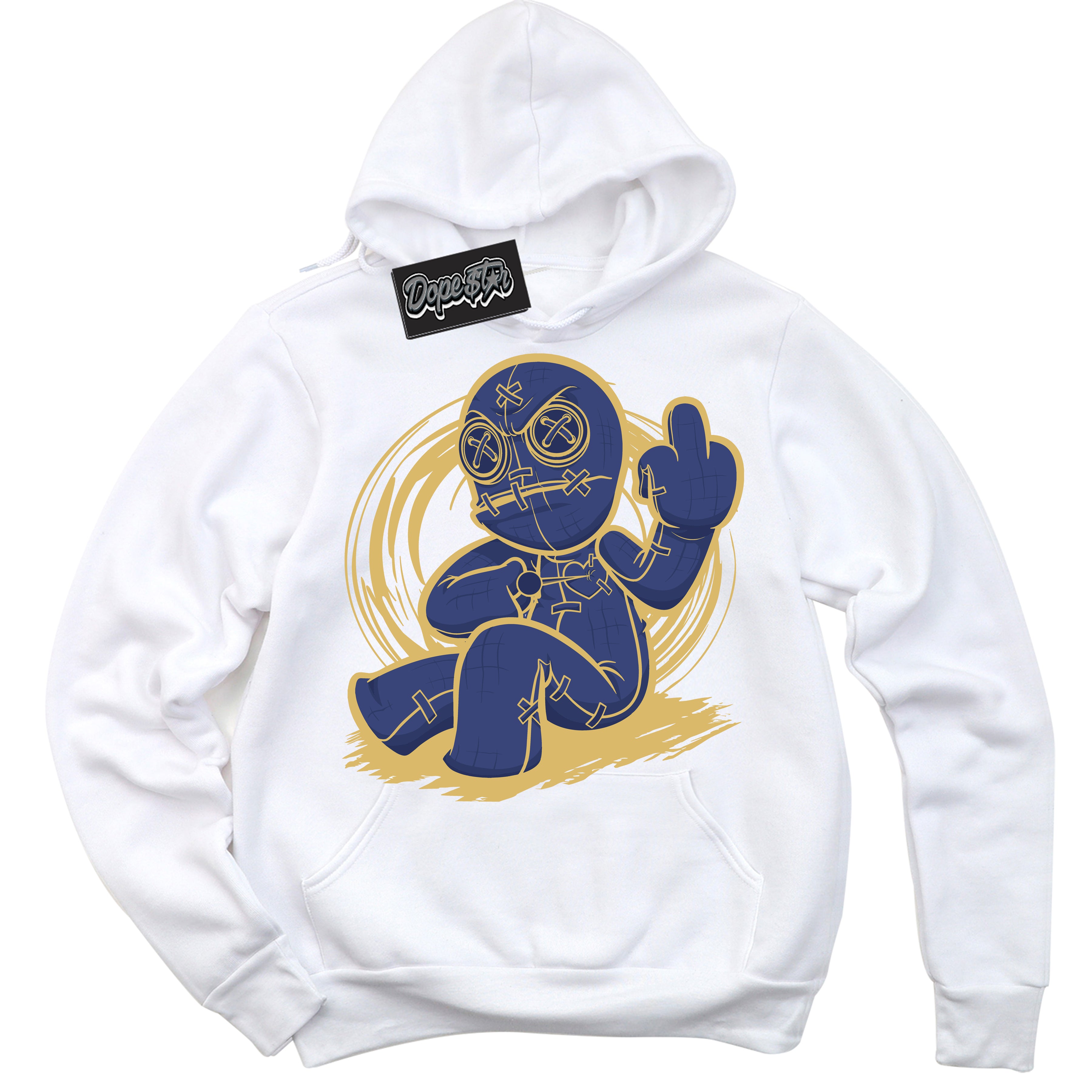 AJ1 Low Method of Make Midnight Navy Metallic Gold ‘Voodoo Doll – White Streetwear Hoodie | Sneaker Matching sweatshirt for AJ1 Low Method of Make Midnight Navy Metallic Gold | Graphic Hoodie for Men & Women Streetwear by Sneaker Shirts Outlet.