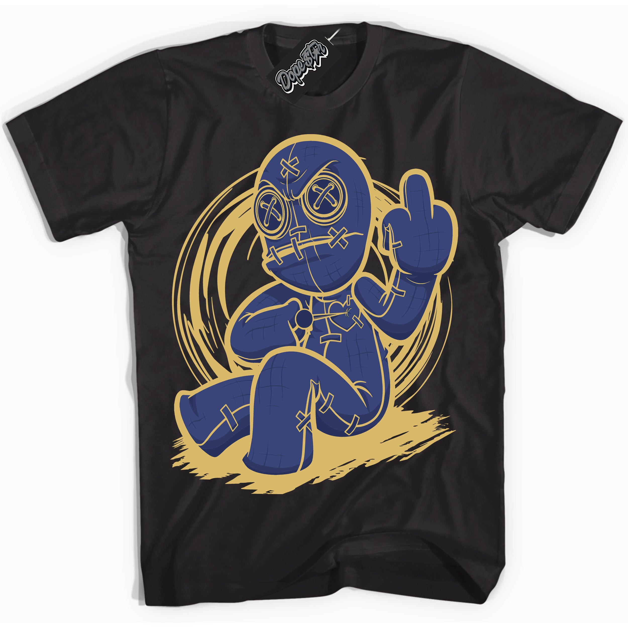 AJ1 Low Method of Make Midnight Navy Metallic Gold ‘Voodoo Doll – Black Streetwear T-Shirt | Sneaker Matching shirt for AJ1 Low Method of Make Midnight Navy Metallic Gold | Graphic Tee for Men & Women Streetwear by Sneaker Shirts Outlet.