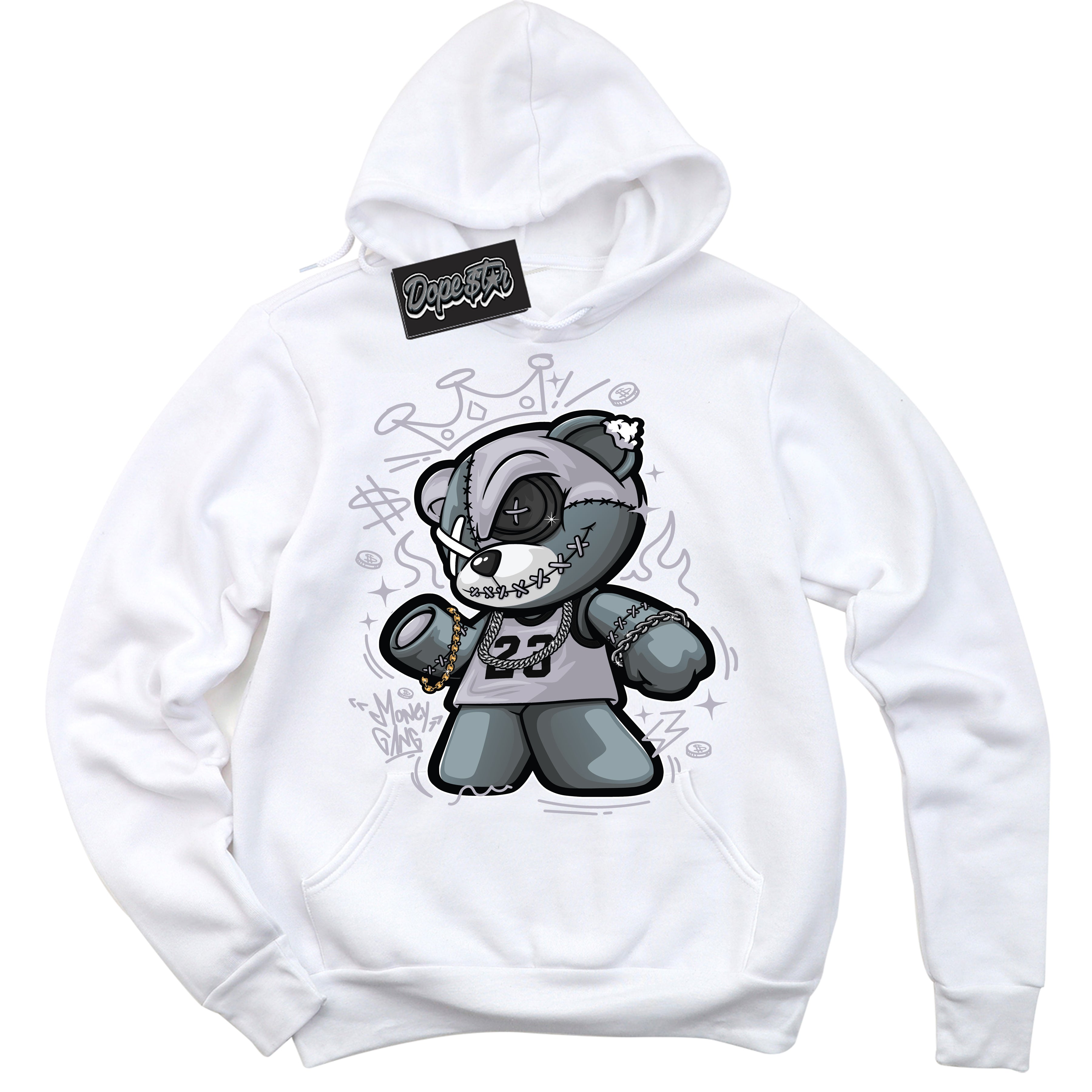 Cool White Hoodie with “ Money Gang Bear ”  design that Perfectly Matches OG Barons 1s Jordans.
