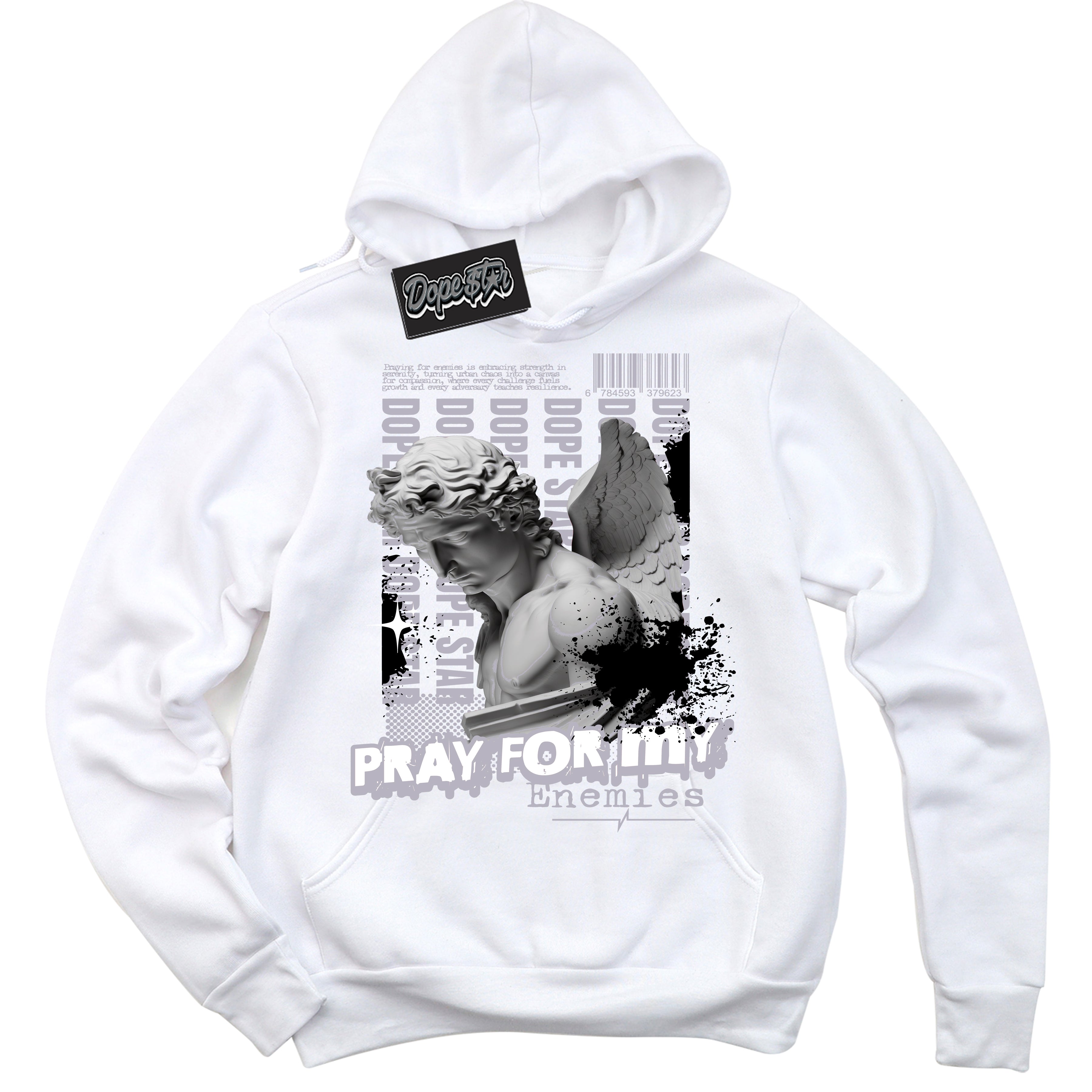 Cool White Hoodie with “ Pray Enemies ”  design that Perfectly Matches OG Barons 1s Jordans.
