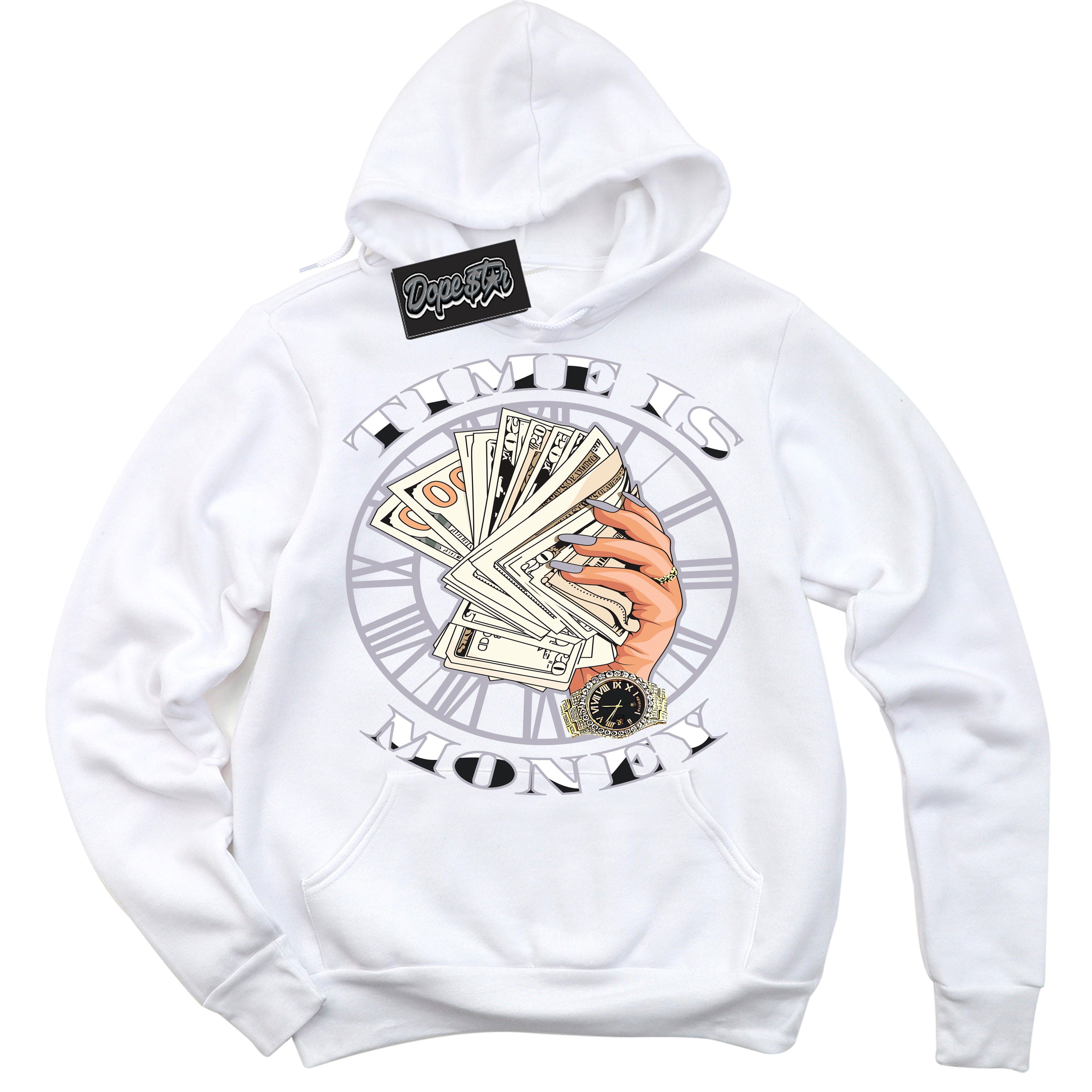 Cool White Hoodie with “ Time Is Money ”  design that Perfectly Matches OG Barons 1s Jordans.
