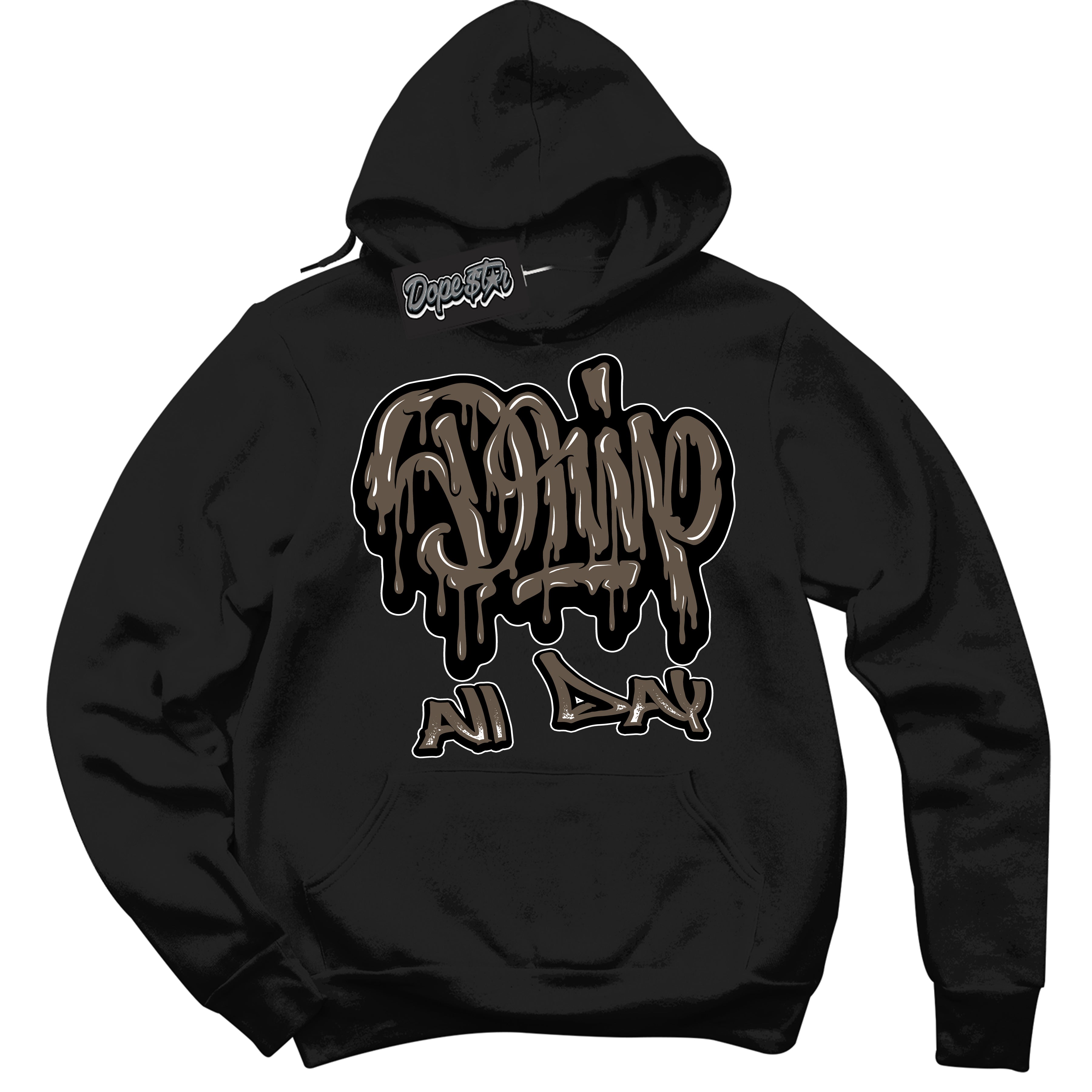 Cool Black Hoodie with “Drip All Day” design that Perfectly Matches Mocha Palomino 1s Jordans.