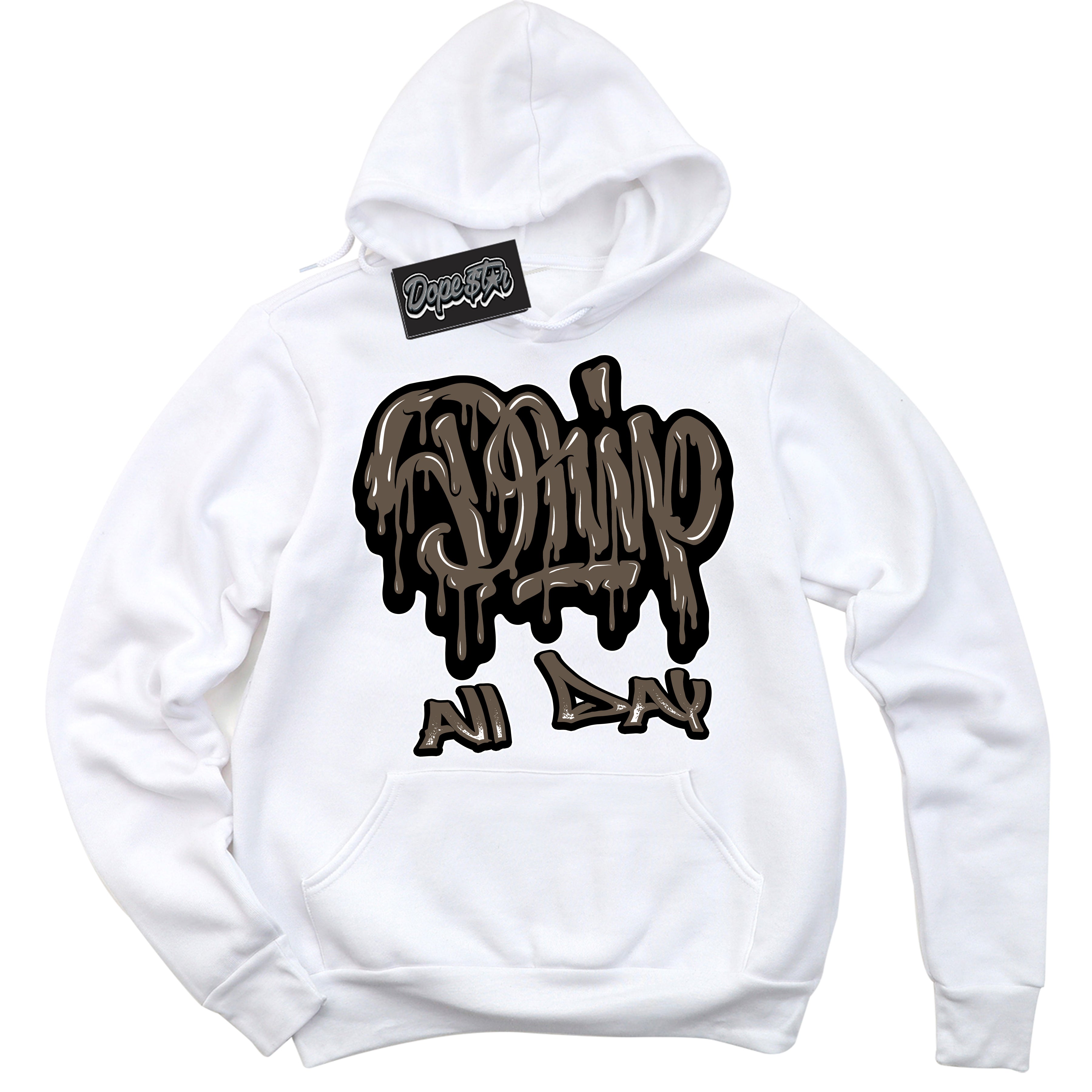 Cool White Hoodie with “Drip All Day” design that Perfectly Matches Mocha Palomino 1s Jordans.