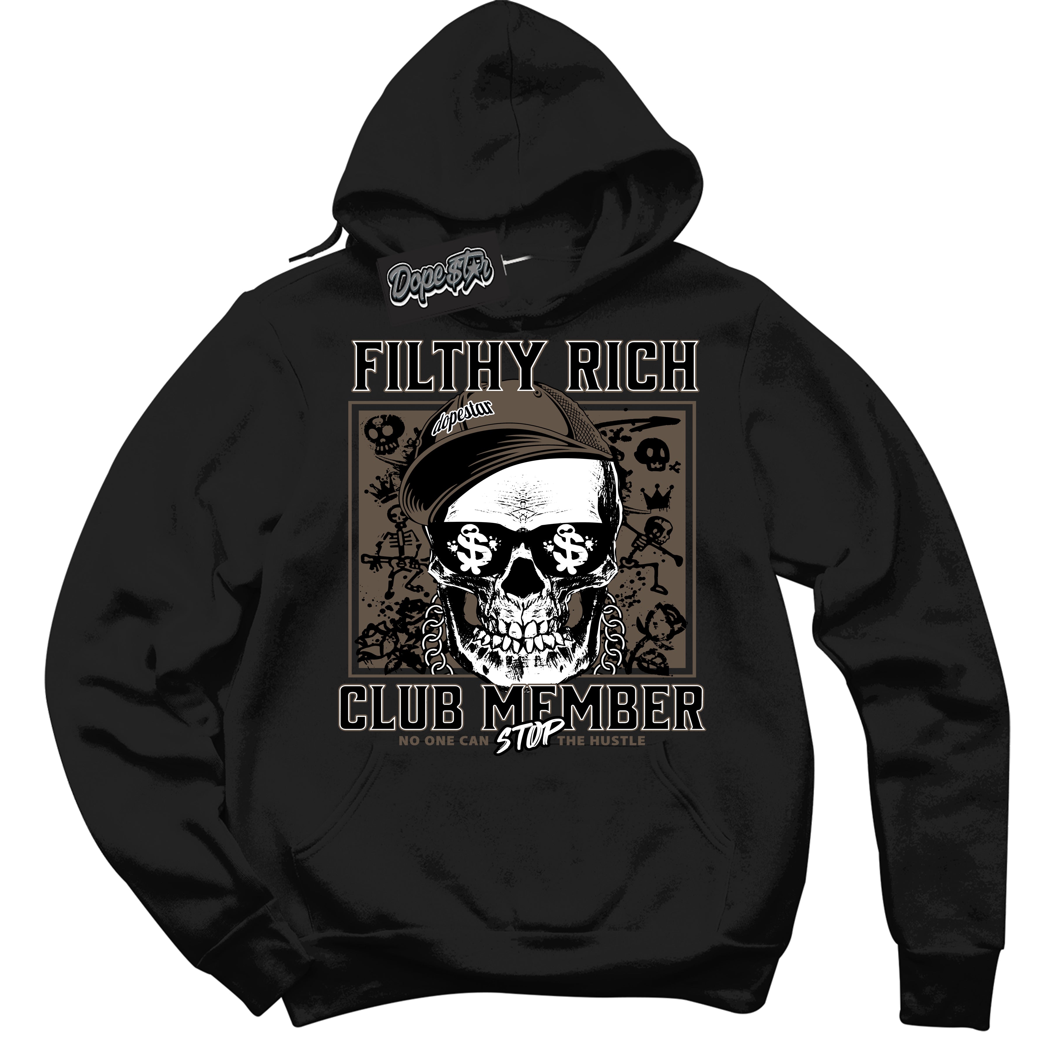 Cool Black Hoodie with “Filthy Rich” design that Perfectly Matches Mocha Palomino 1s Jordans.