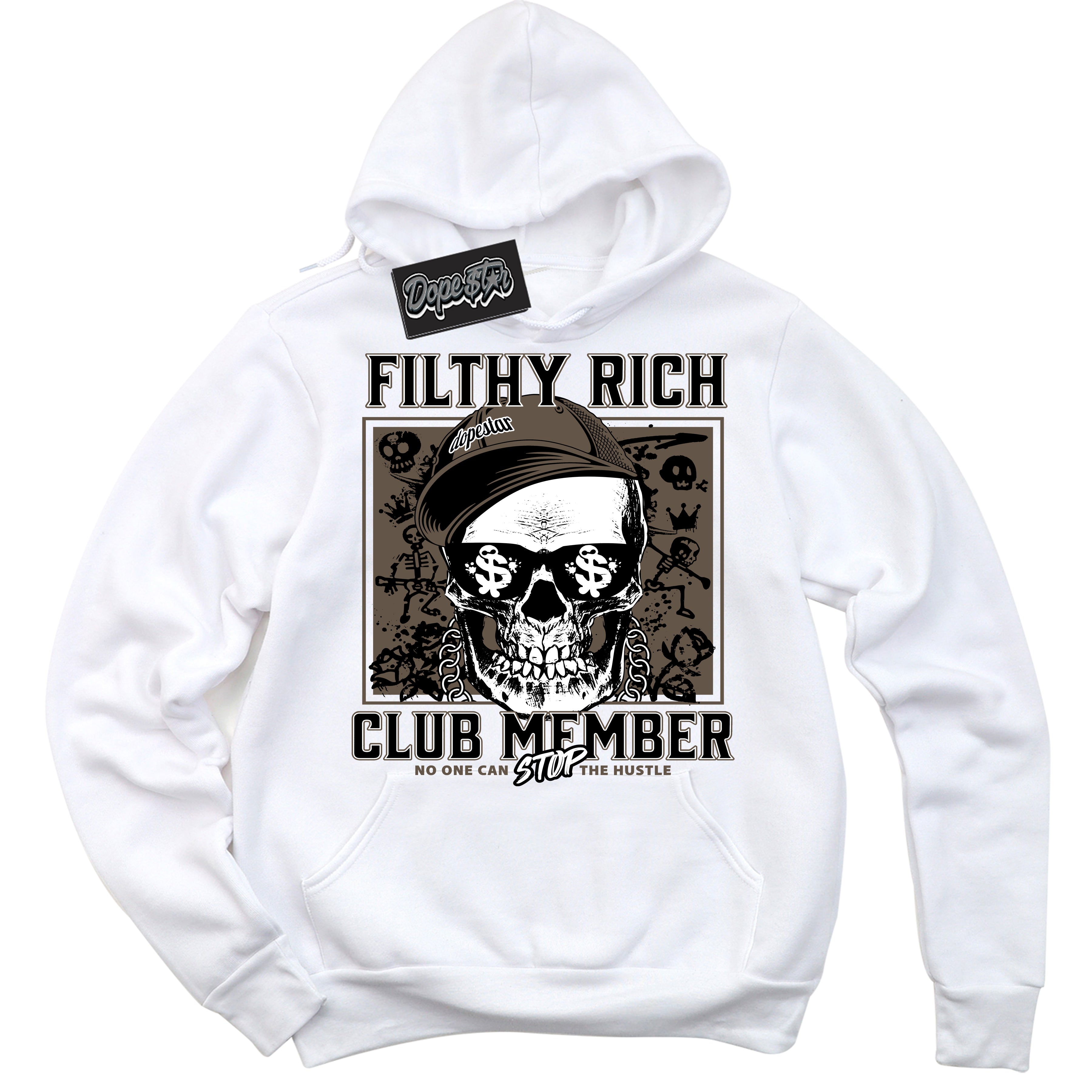 Cool White Hoodie with “Filthy Rich” design that Perfectly Matches Mocha Palomino 1s Jordans.