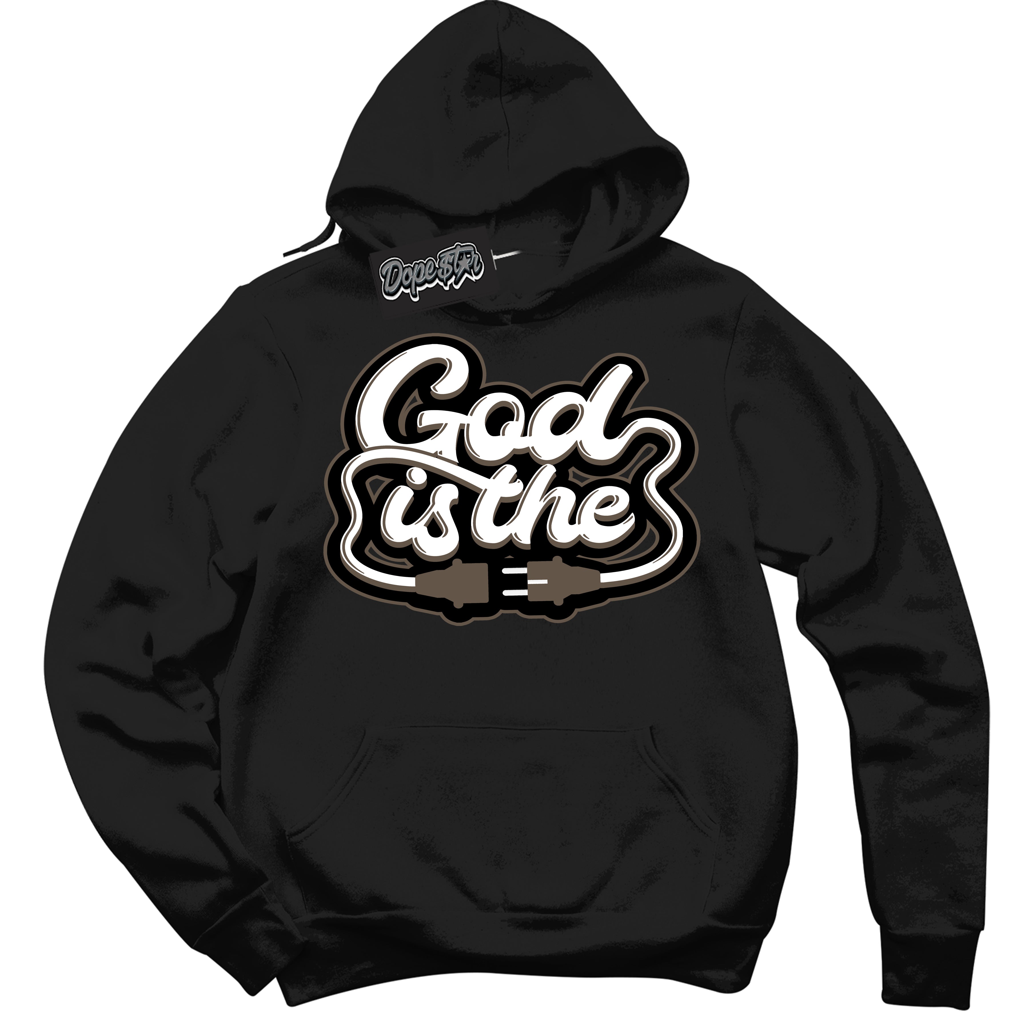 Cool Black Hoodie with “God Is The” design that Perfectly Matches Mocha Palomino 1s Jordans.