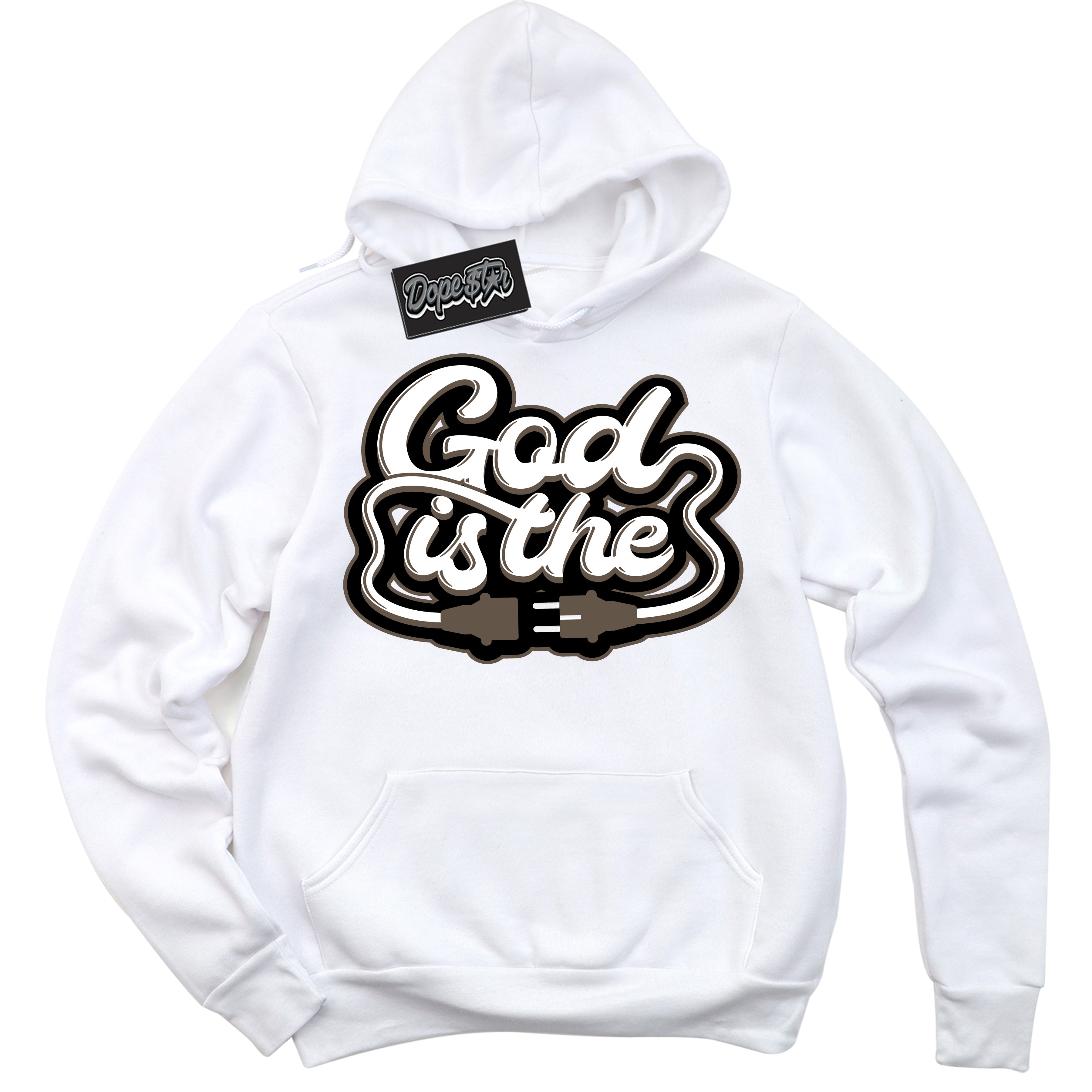 Cool White Hoodie with “God Is The” design that Perfectly Matches Mocha Palomino 1s Jordans.