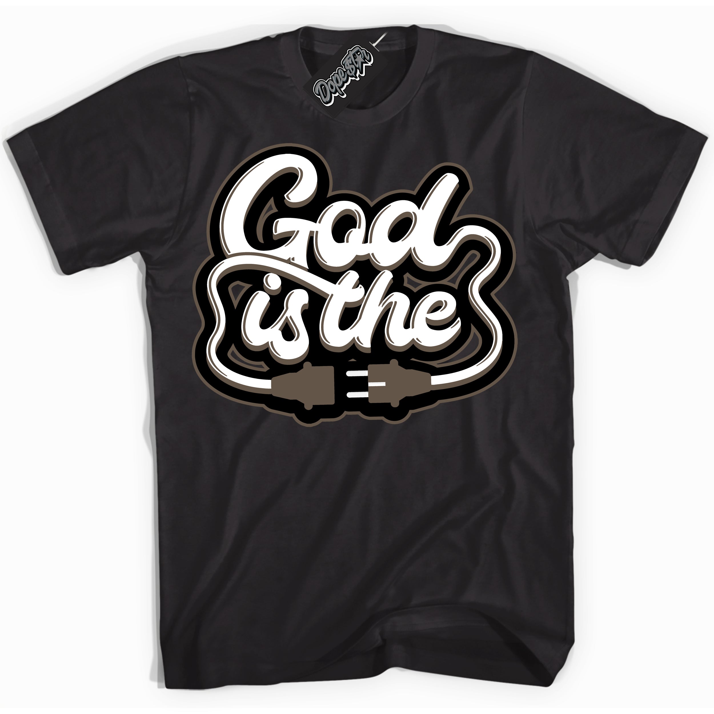 Cool Black Shirt with “God Is The” design that perfectly matches the Mocha Palomino 1s Jordans.