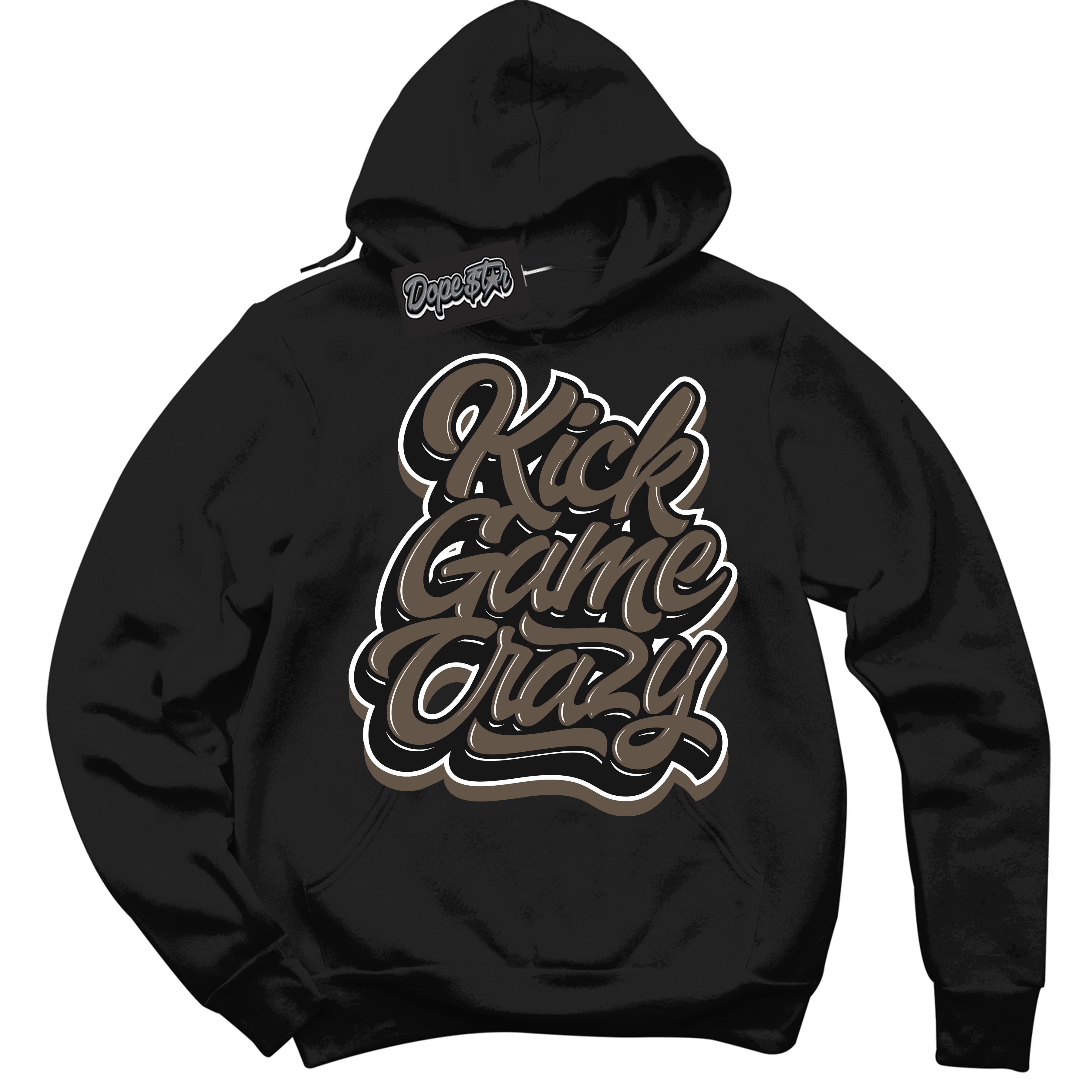 Cool Black Hoodie with “Kick Game Crazy” design that Perfectly Matches Mocha Palomino 1s Jordans.