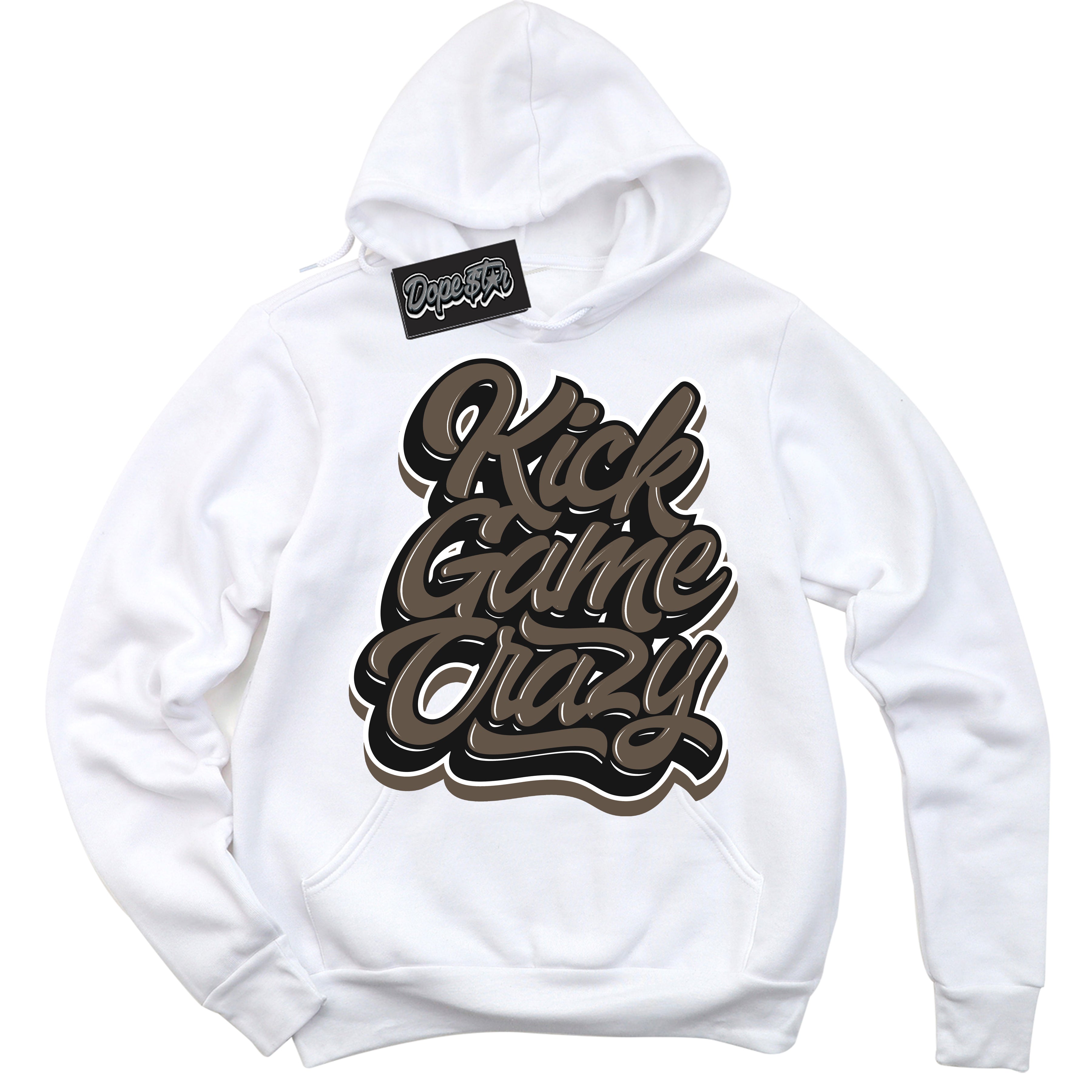 Cool White Hoodie with “Kick Game Crazy” design that Perfectly Matches Mocha Palomino 1s Jordans.