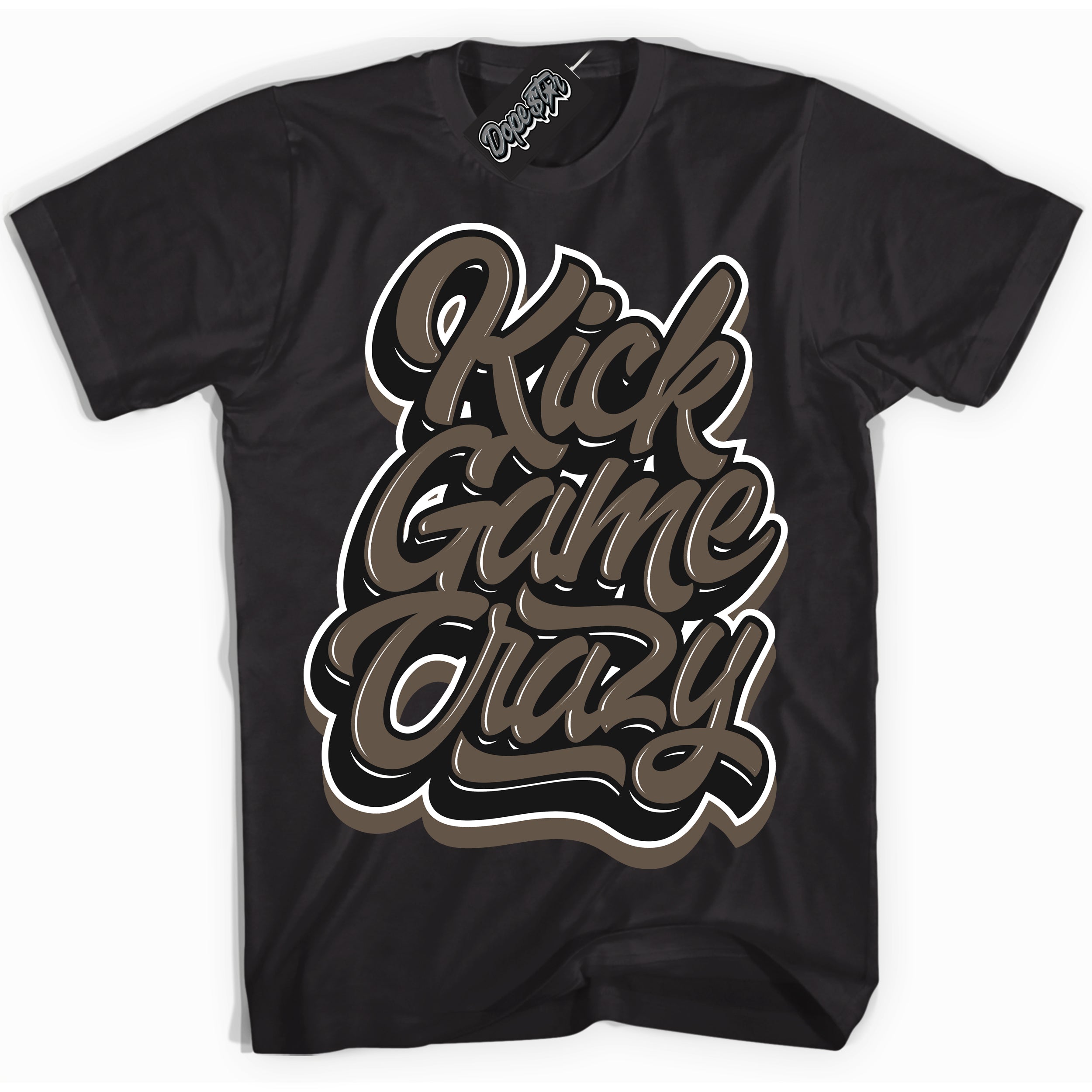 Cool Black Shirt with “Kick Game Crazy” design that perfectly matches the Mocha Palomino 1s Jordans.