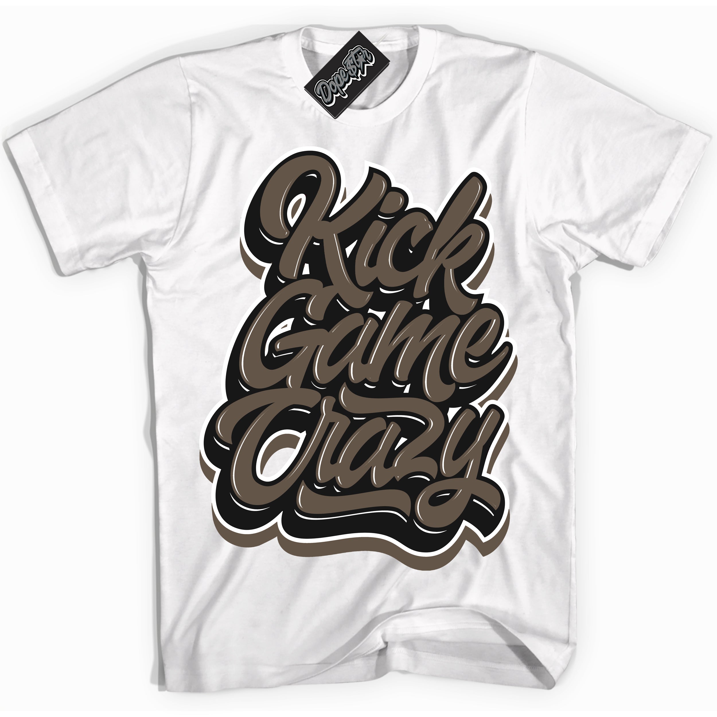 Cool White Shirt with “Kick Game Crazy” design that perfectly matches the Mocha Palomino 1s Jordans.