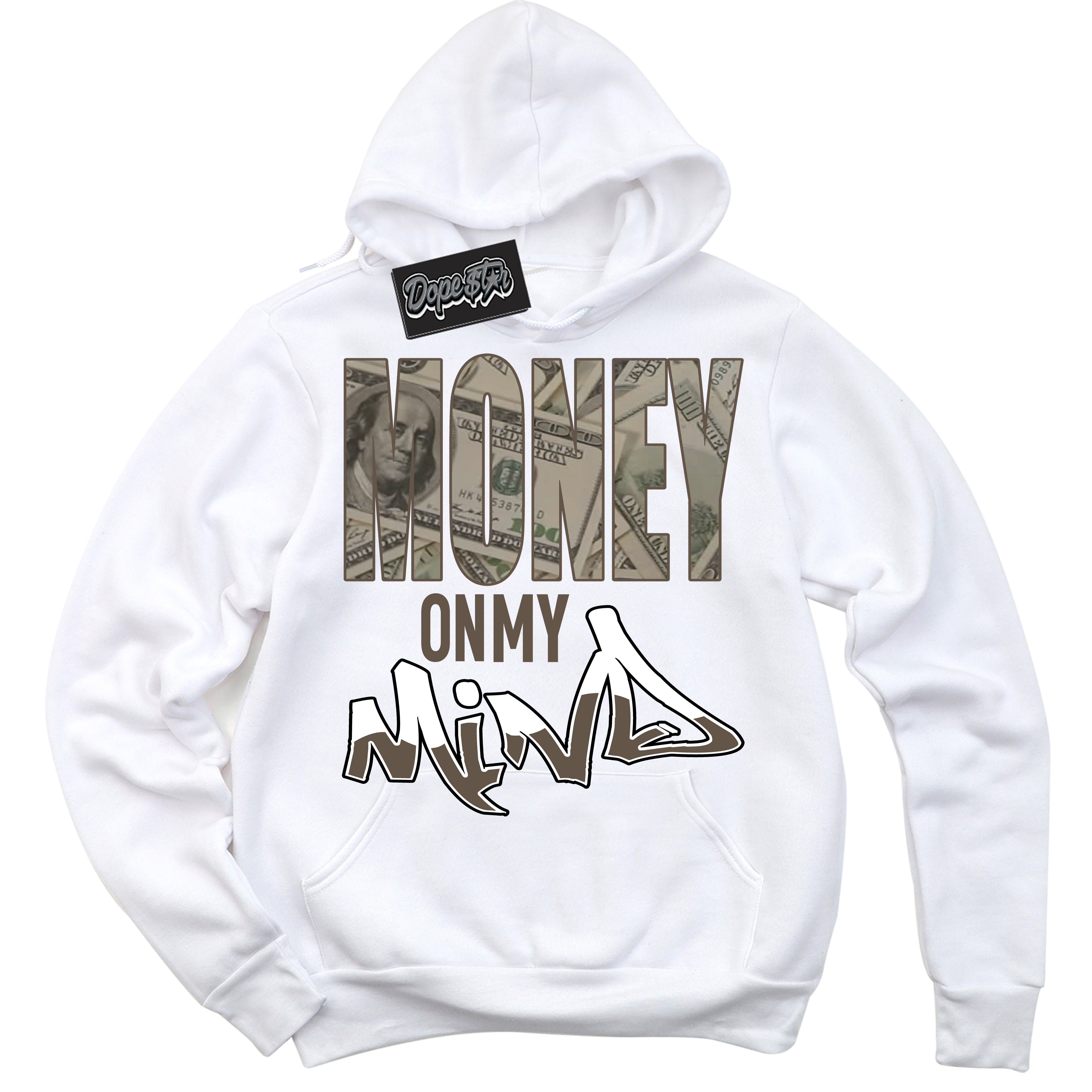 Cool White Hoodie with “Money On My Mind” design that Perfectly Matches Mocha Palomino 1s Jordans.