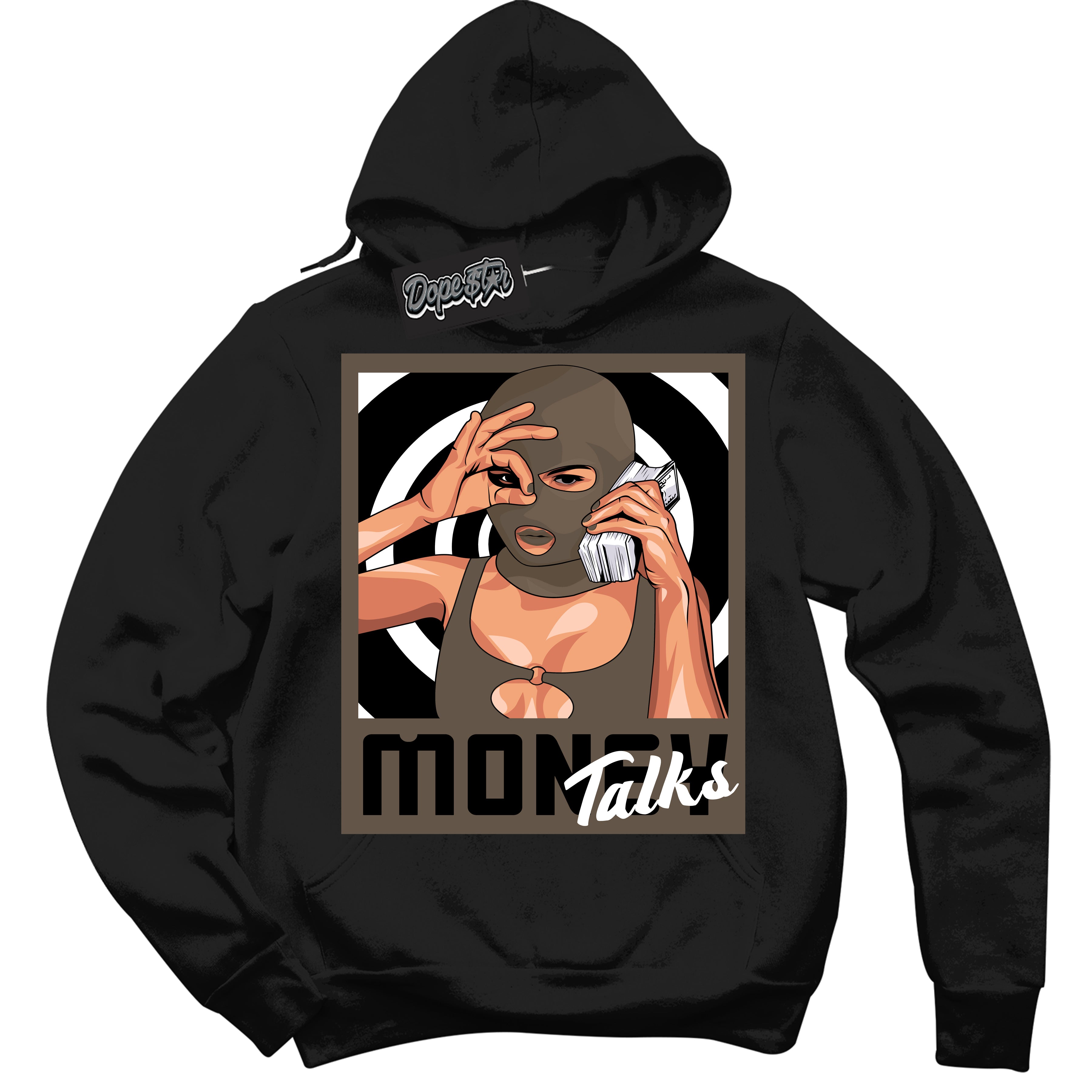 Cool Black Hoodie with “Money Talks” design that Perfectly Matches Mocha Palomino 1s Jordans.