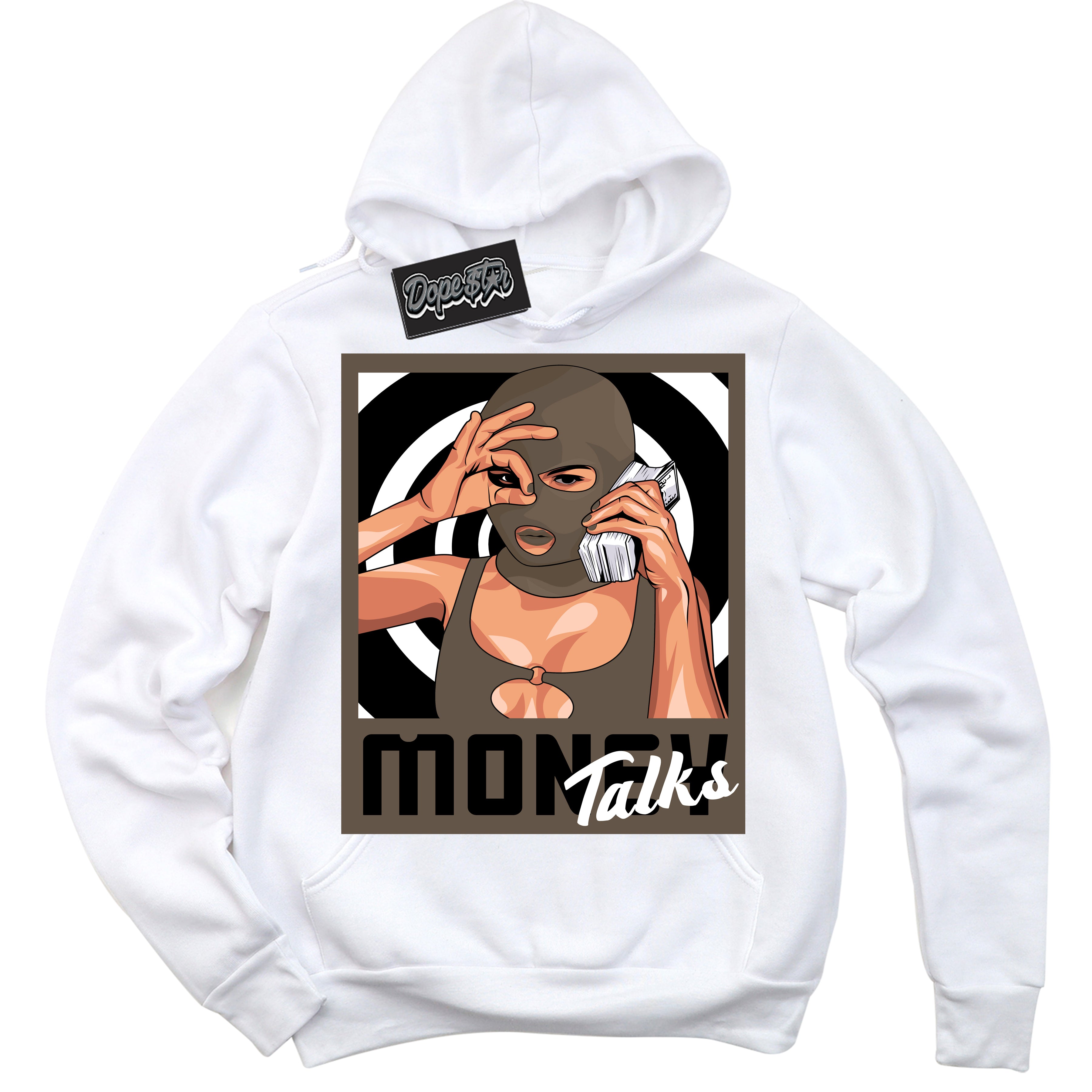 Cool White Hoodie with “Money Talks” design that Perfectly Matches Mocha Palomino 1s Jordans.