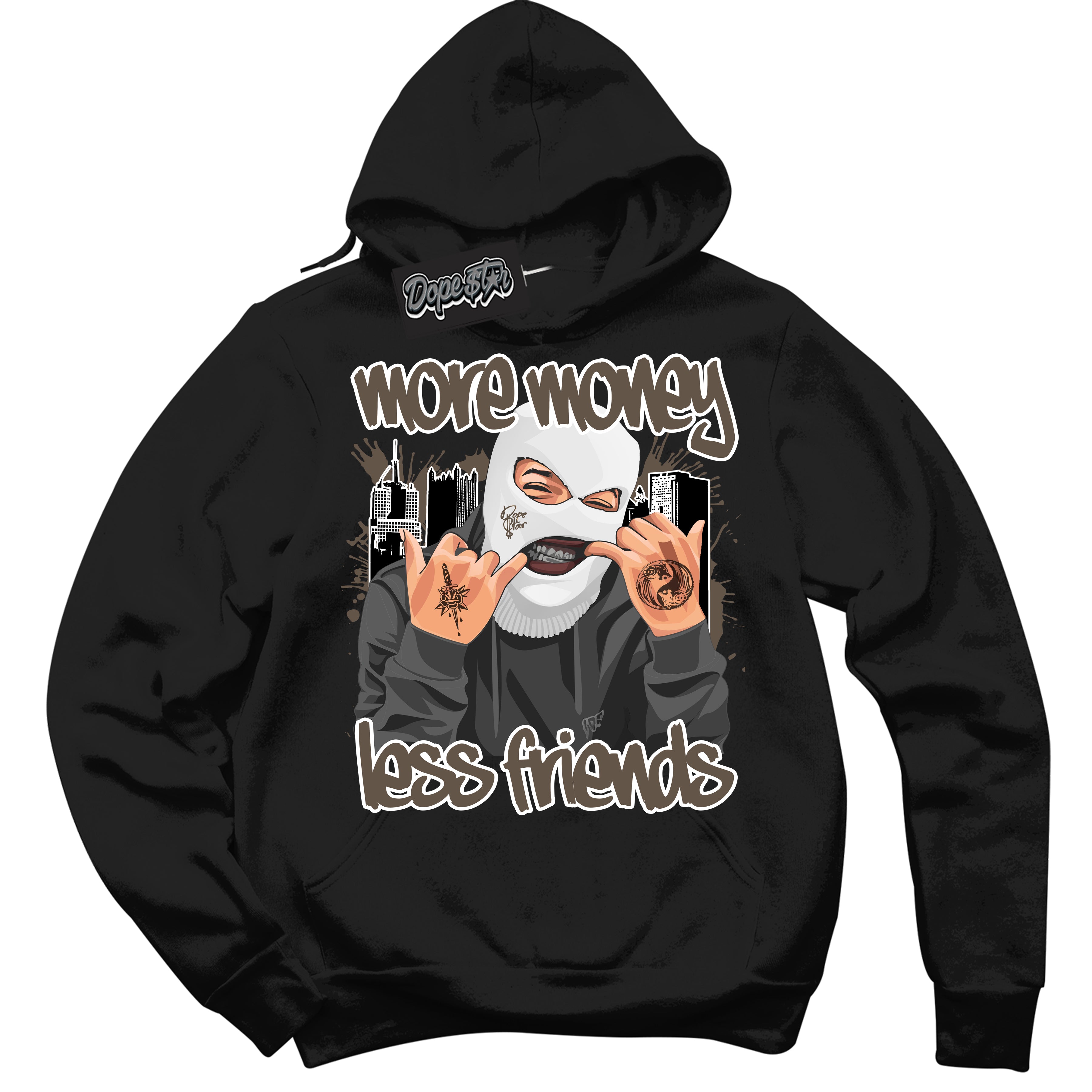 Cool Black Hoodie with “More Money Less Friends” design that Perfectly Matches Mocha Palomino 1s Jordans.