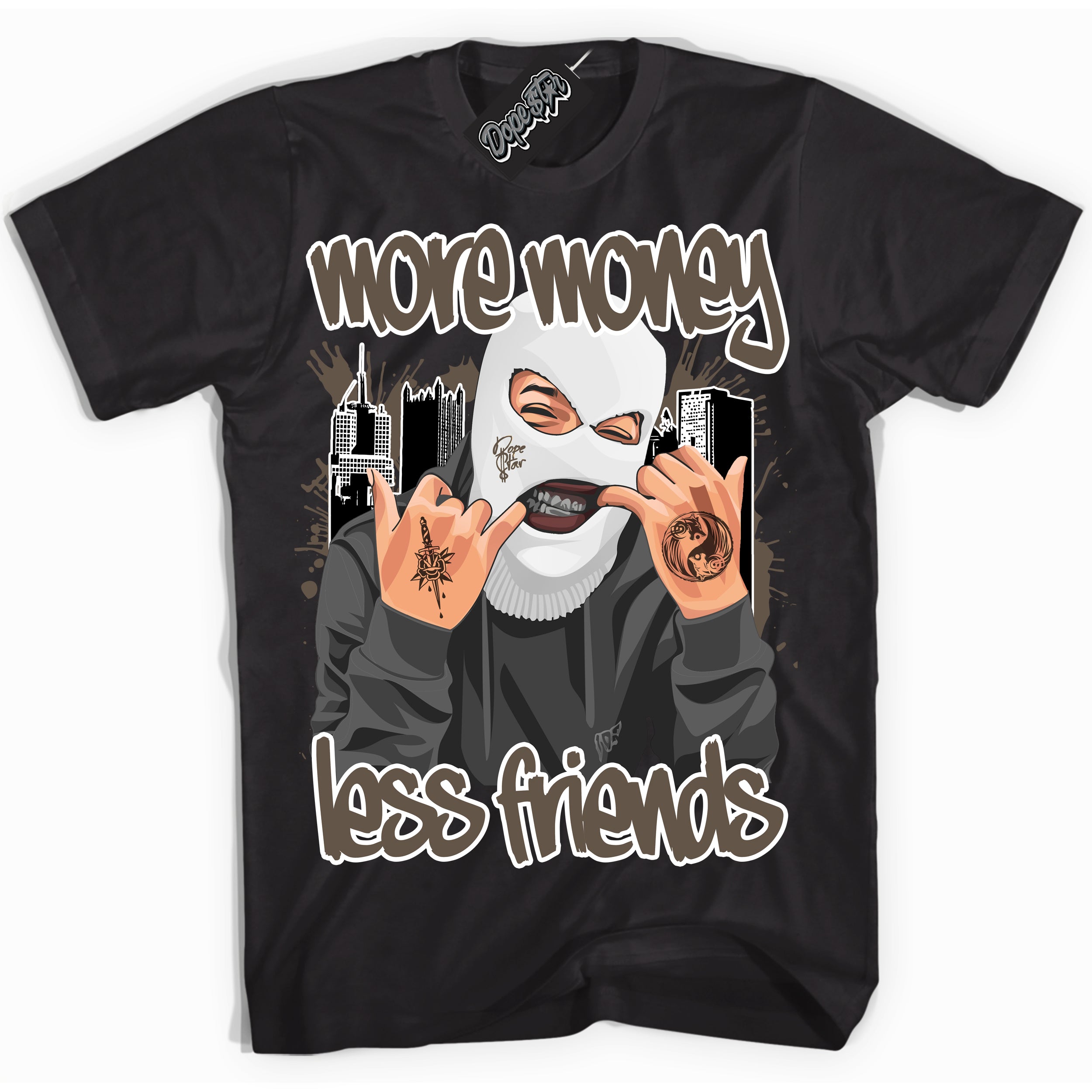 Cool Black Shirt with “More Money Less Friends” design that perfectly matches the Mocha Palomino 1s Jordans.