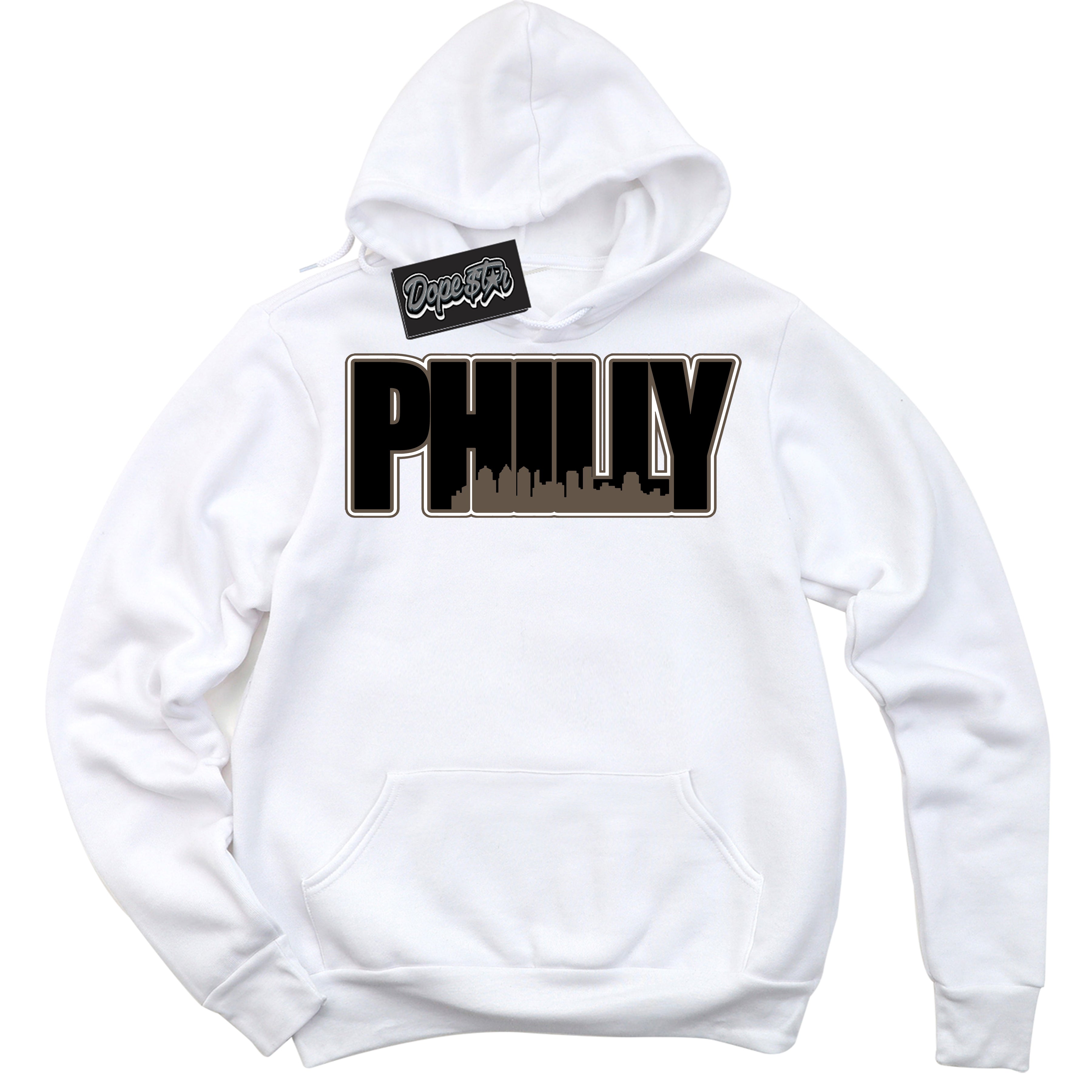 Cool White Hoodie with “Philly” design that Perfectly Matches Mocha Palomino 1s Jordans.