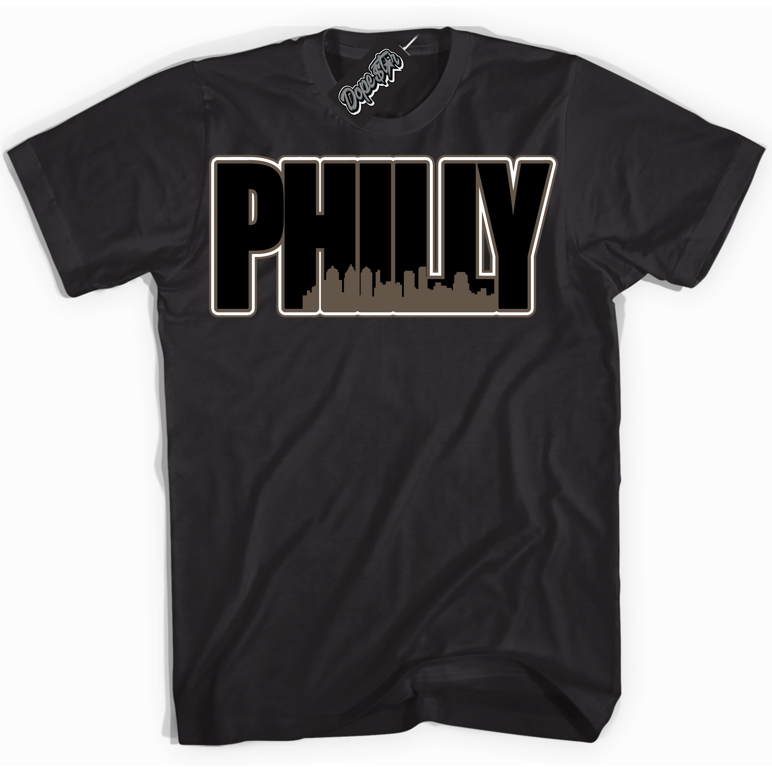 Cool Black Shirt with “Philly” design that perfectly matches the Mocha Palomino 1s Jordans.