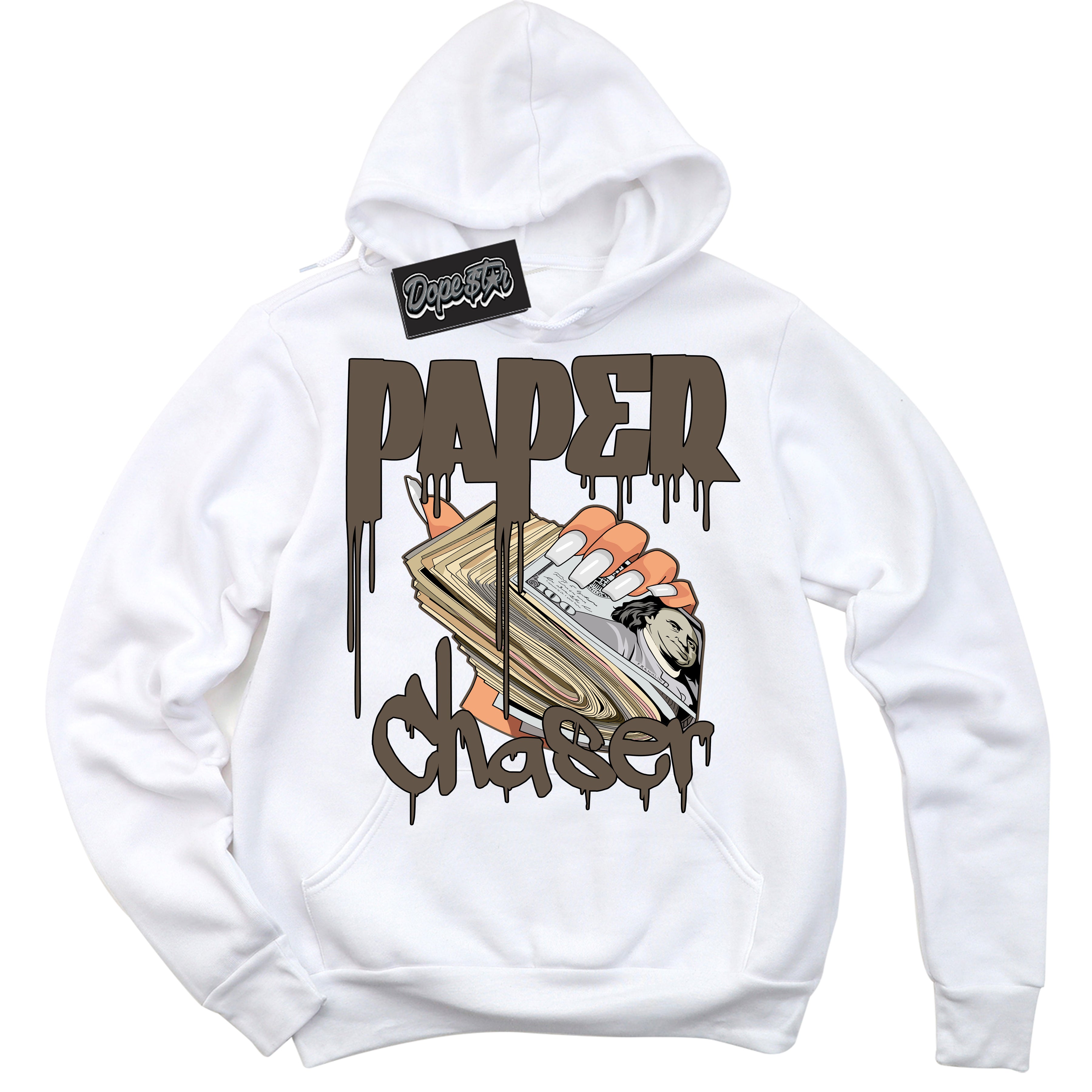 Cool White Hoodie with “Paper Chaser” design that Perfectly Matches Mocha Palomino 1s Jordans.