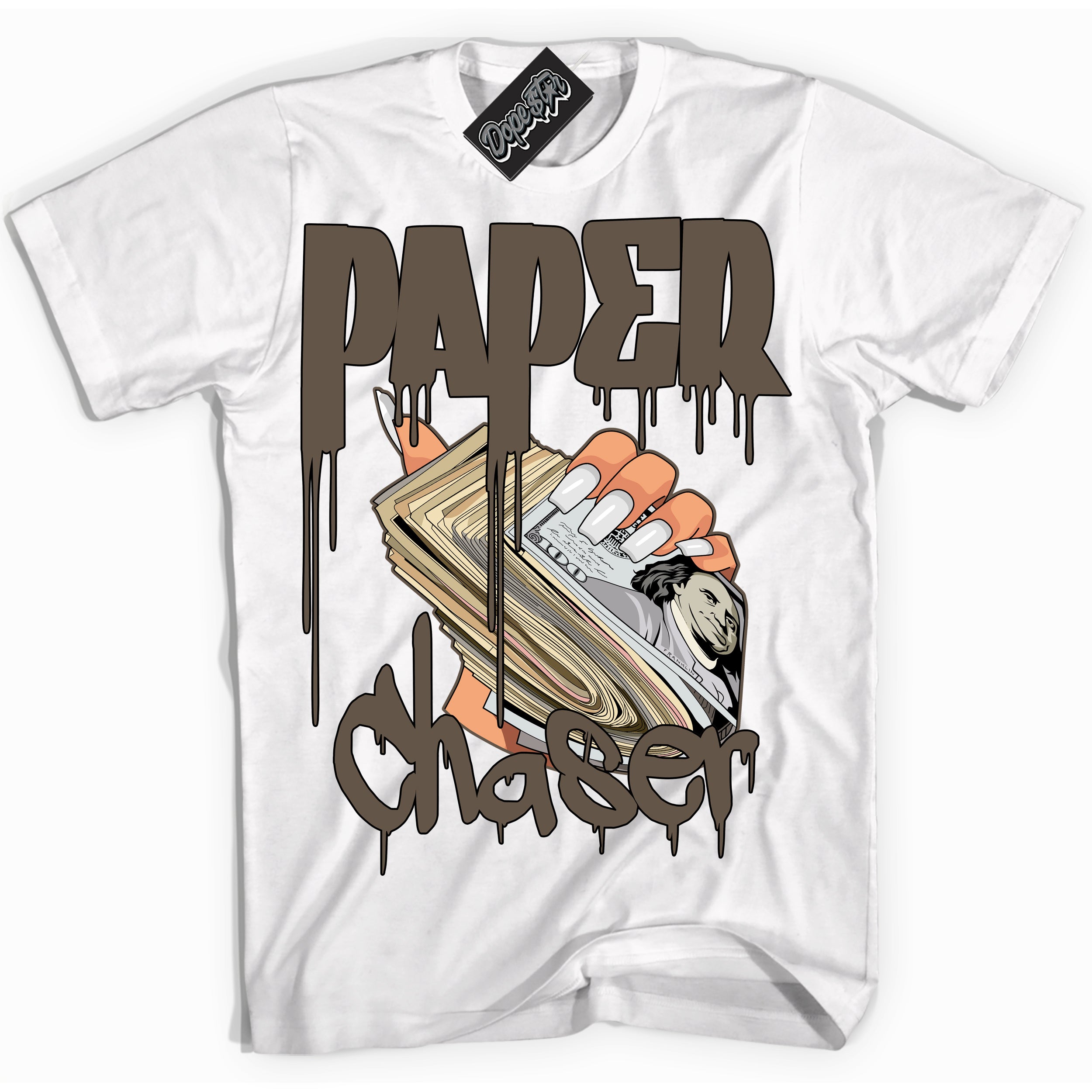 Cool White Shirt with “Paper Chaser” design that perfectly matches the Mocha Palomino 1s Jordans.