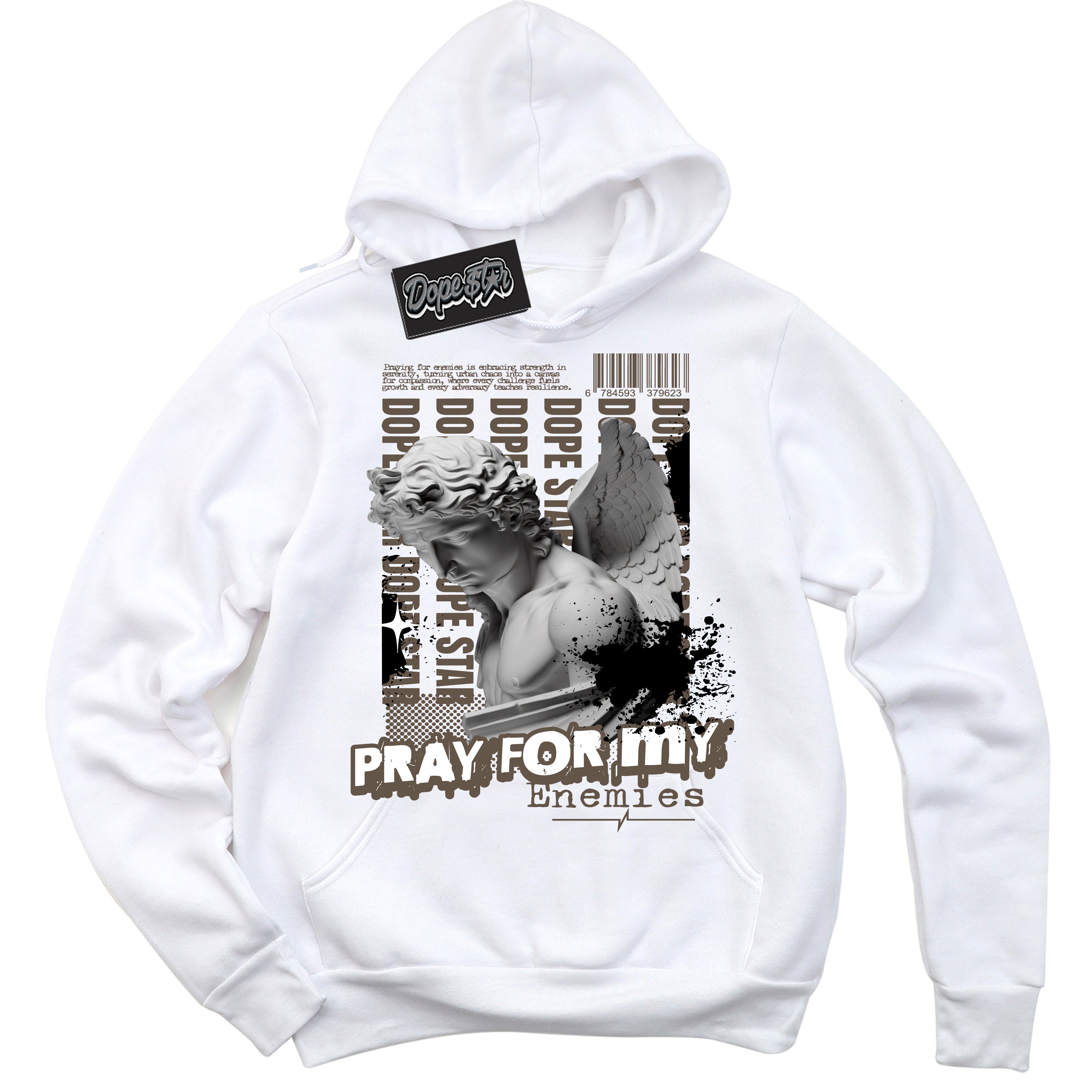 Cool White Hoodie with “Pray Enemies” design that Perfectly Matches Mocha Palomino 1s Jordans.