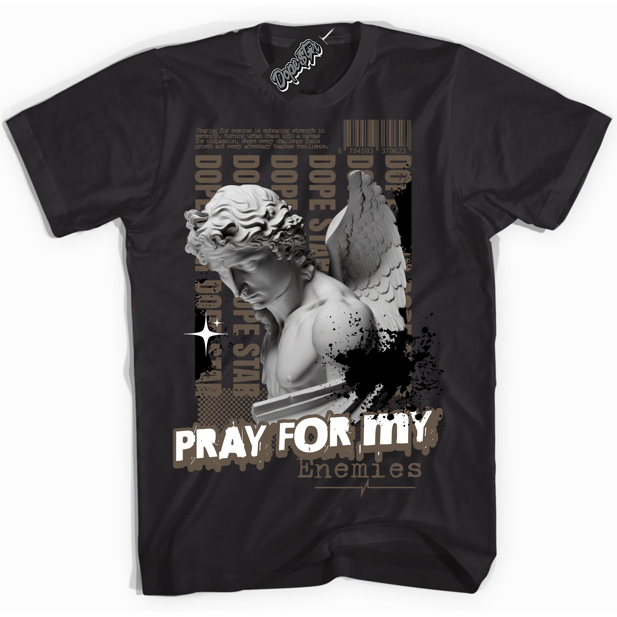 Cool Black Shirt with “Pray Enemies” design that perfectly matches the Mocha Palomino 1s Jordans.