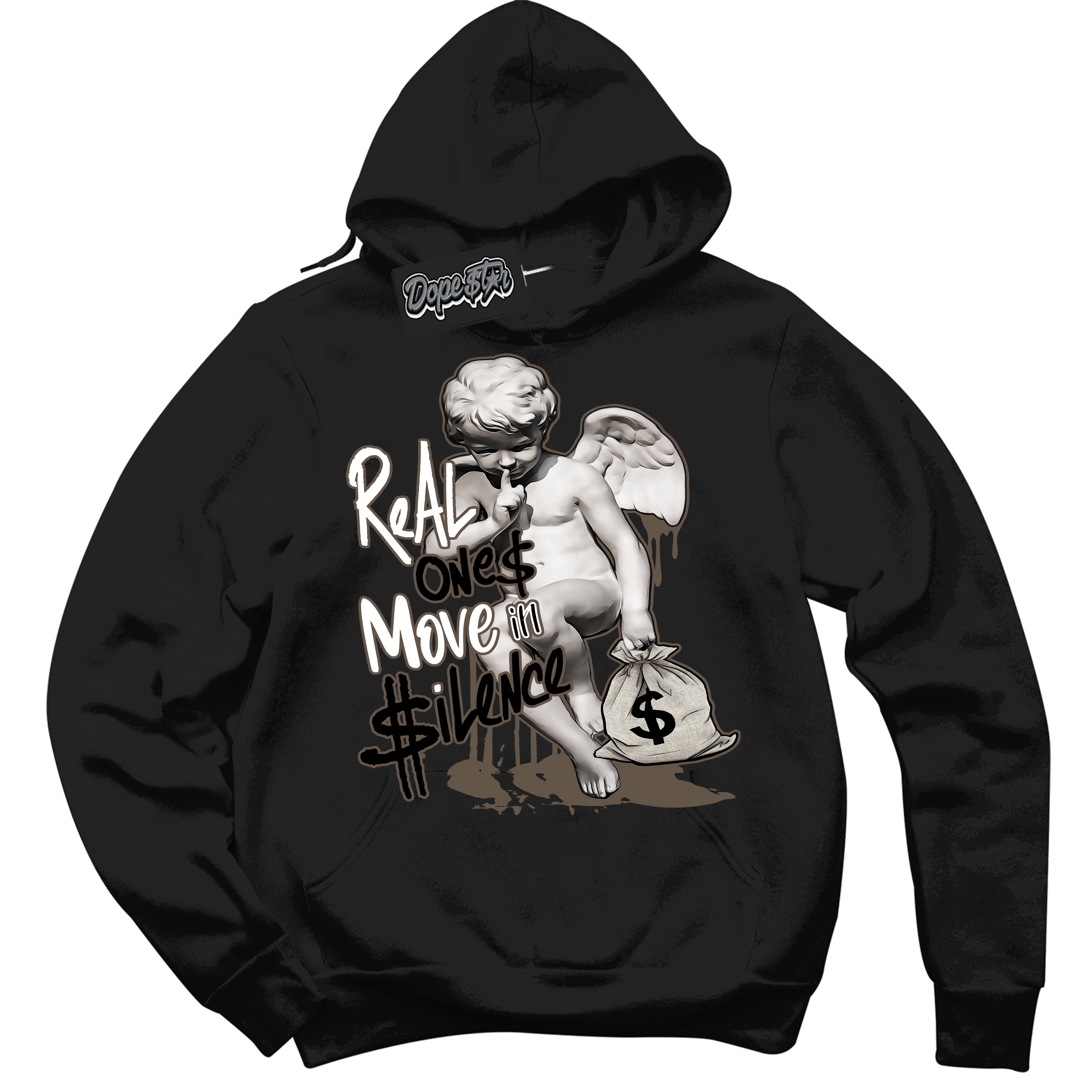 Cool Black Hoodie with “Real Ones Cherub” design that Perfectly Matches Mocha Palomino 1s Jordans.